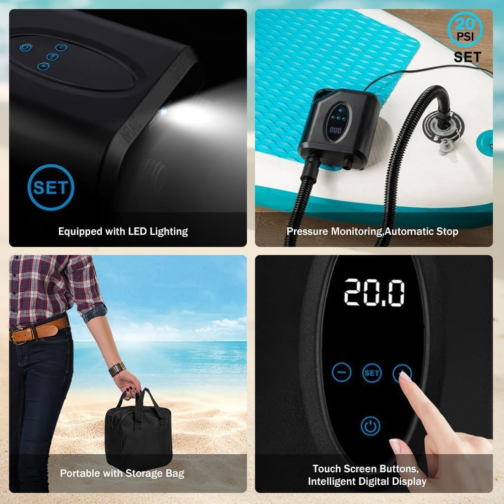 B-Qtech 12000Mah Electric Paddle Board Pump SUP Pump Rechargeable, 20PSI High Pressure with Dual Stage Inflator/Deflator, 12V DC Car Connector for Kayak, Wing, Tent, Boat image number 2