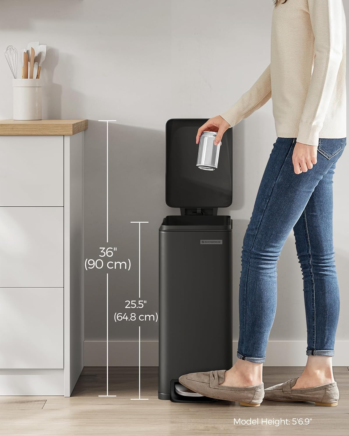 SONGMICS Kitchen Bin 48L, Slim Pedal Bin for Narrow Spaces, Rubbish and Waste Bin with Soft-Close Lid and Inner Bucket, Steel, 15 Rubbish Bags Included, Black LTB510B4802