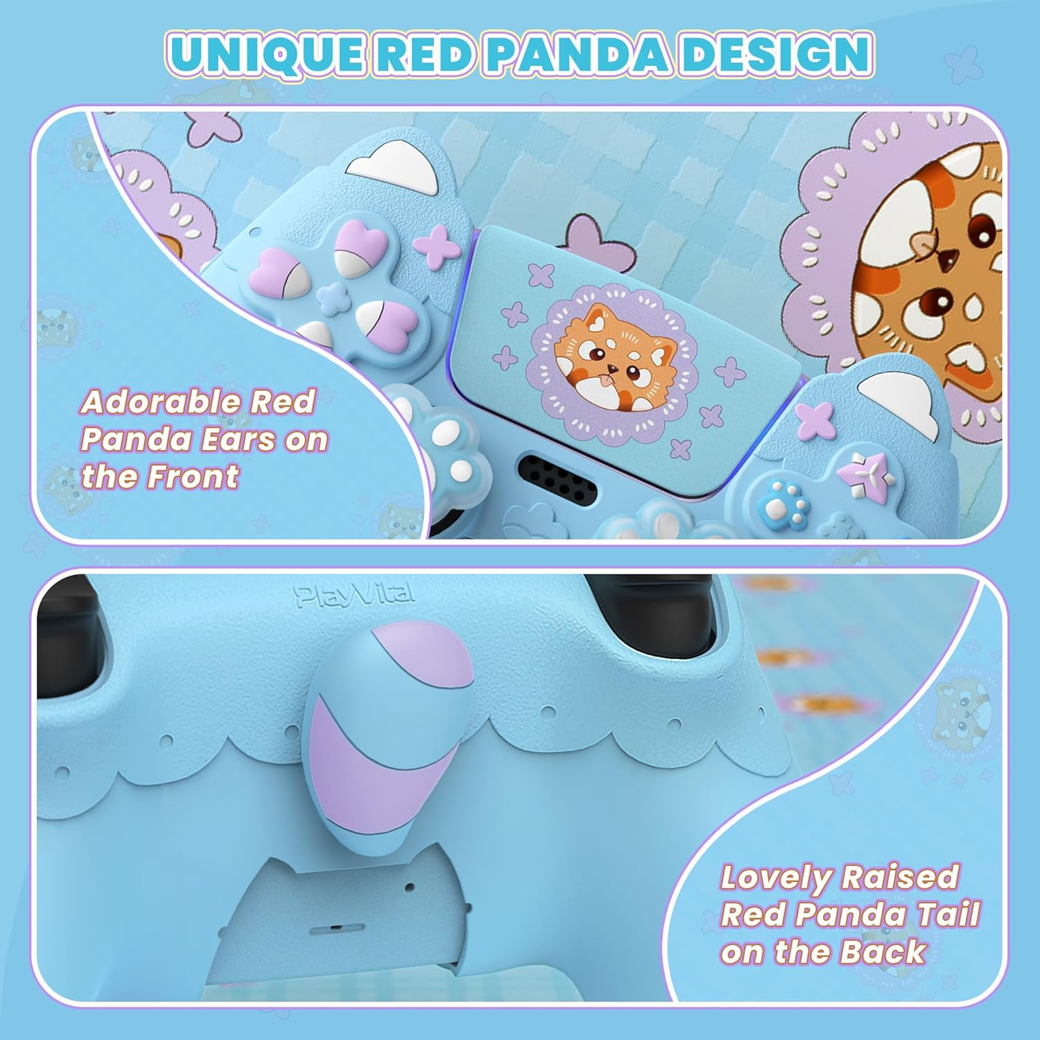Playvital Cute Spring Lesser Panda Silicone Cover for Ps5 Controller with Joystick Cap and Sticker, Anti-Grip Shockproof Skin, Compatible with Charging Station, Heaven Blue image number 6