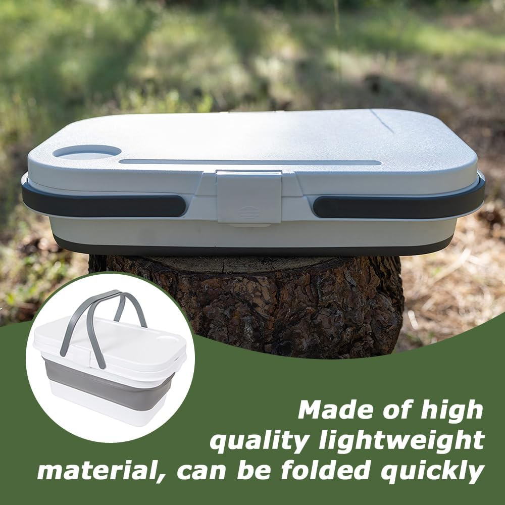 TOMVAES 16L Collapsible Picnic Basket with Handles & Lid - Picnic Basket with Table Foldable, Lightweight, Water-Proof & Leak-Proof for Picnics, Camping, Travelling and Road Trips (White)