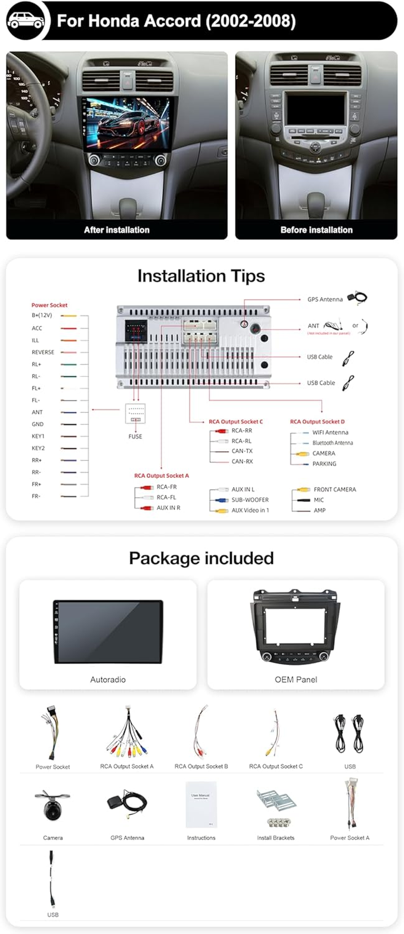 Android 14 IPS Car Stereo for Honda Accord 7Th (2002-2007) - Wireless Carplay + Android Auto - 2G+32G - Rear Camera - 10.1 Inch 2 Din - Steering Wheel DAB Fast-Boot Bluetooth ﻿ image number 3