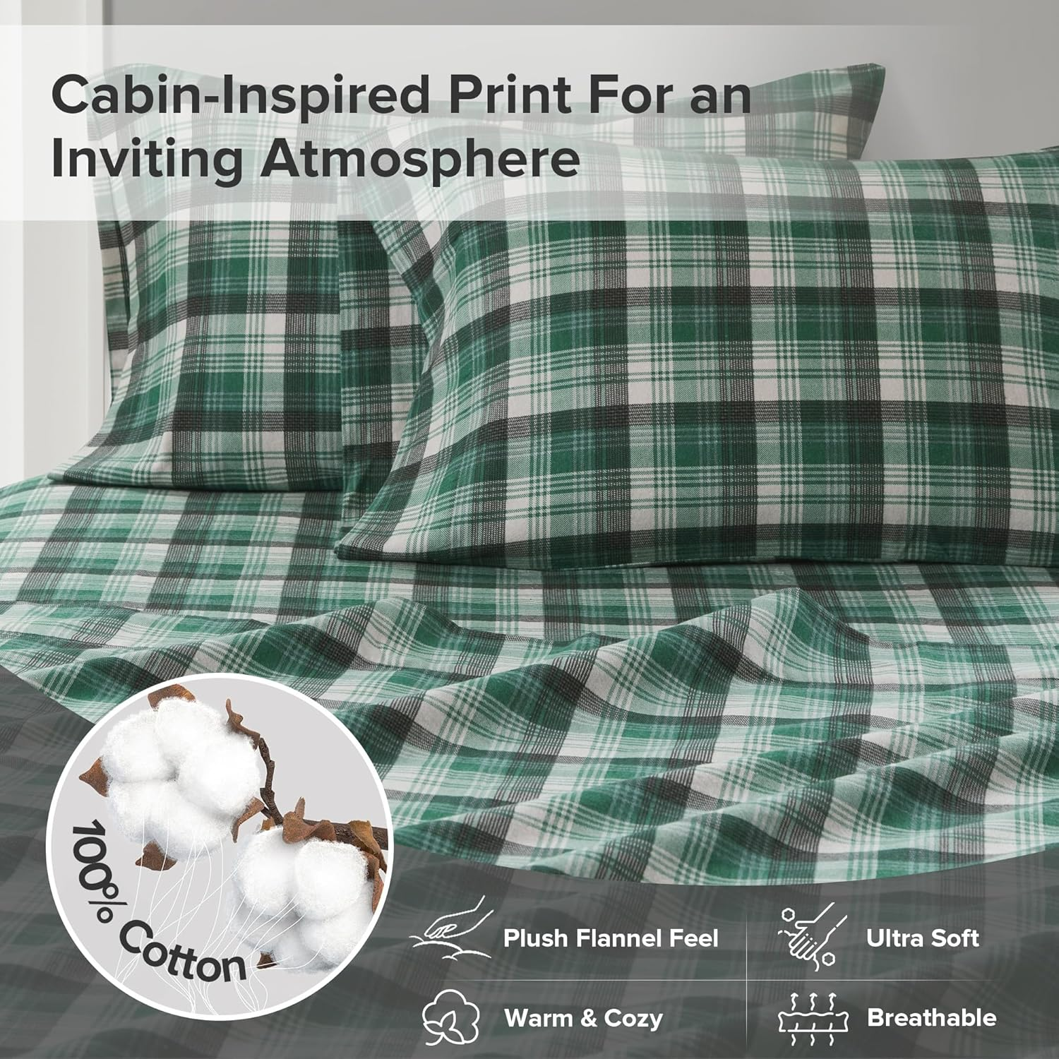 Woolrich Flannel 100% Cotton Sheet Set Warm Soft Bed Sheets with 14" Elastic Pocket, Cabin Lifestyle, Cold Season Cozy Bedding Set, Matching Pillow Case, Queen, Green Plaid, 4 Piece image number 6