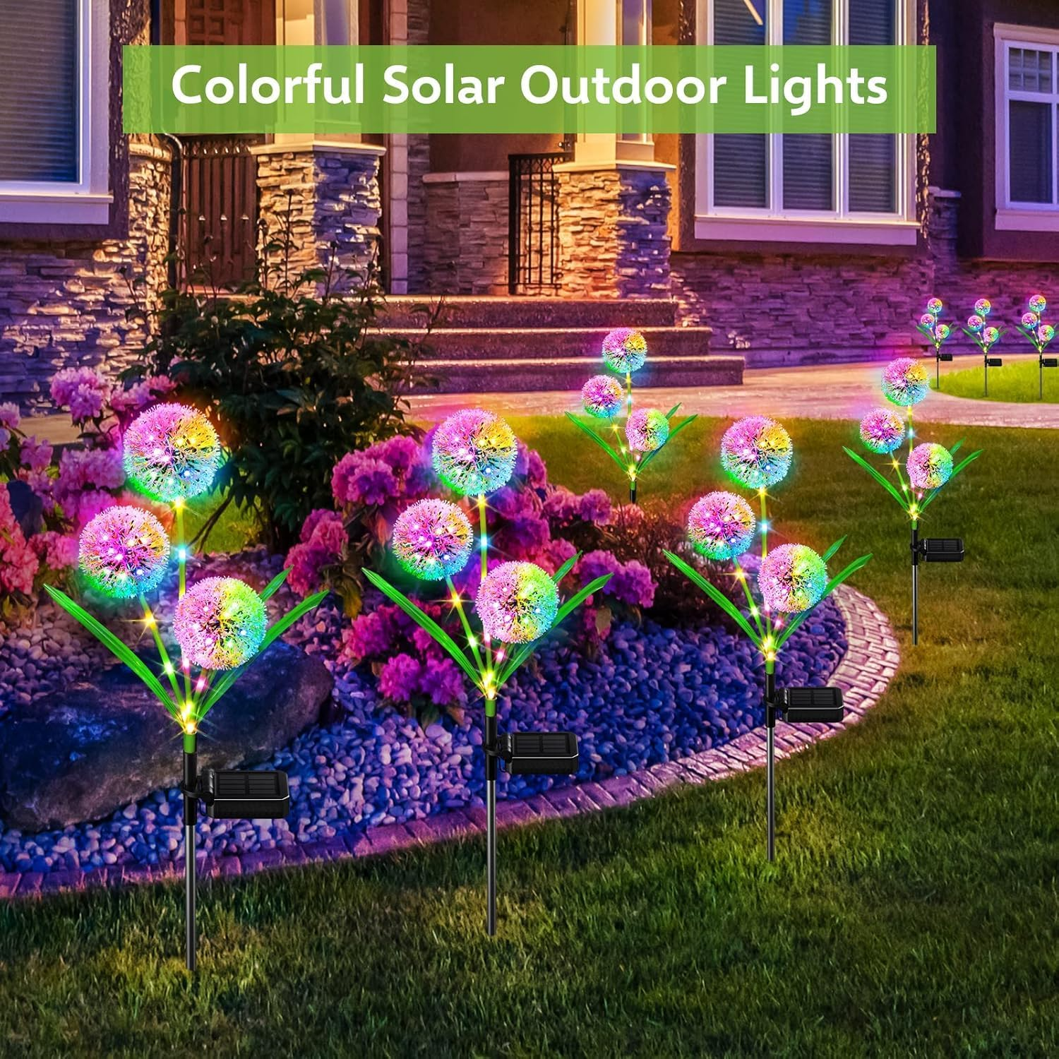 Solar Lights Outdoor Garden Decor, 2 Pack Upgraded Solar Dandelion Garden Lights Decorative with 36 LED - IP65 Waterproof Colorful Solar Lights Outdoor for Yard, Lawn, Pathway and Wedding image number 2