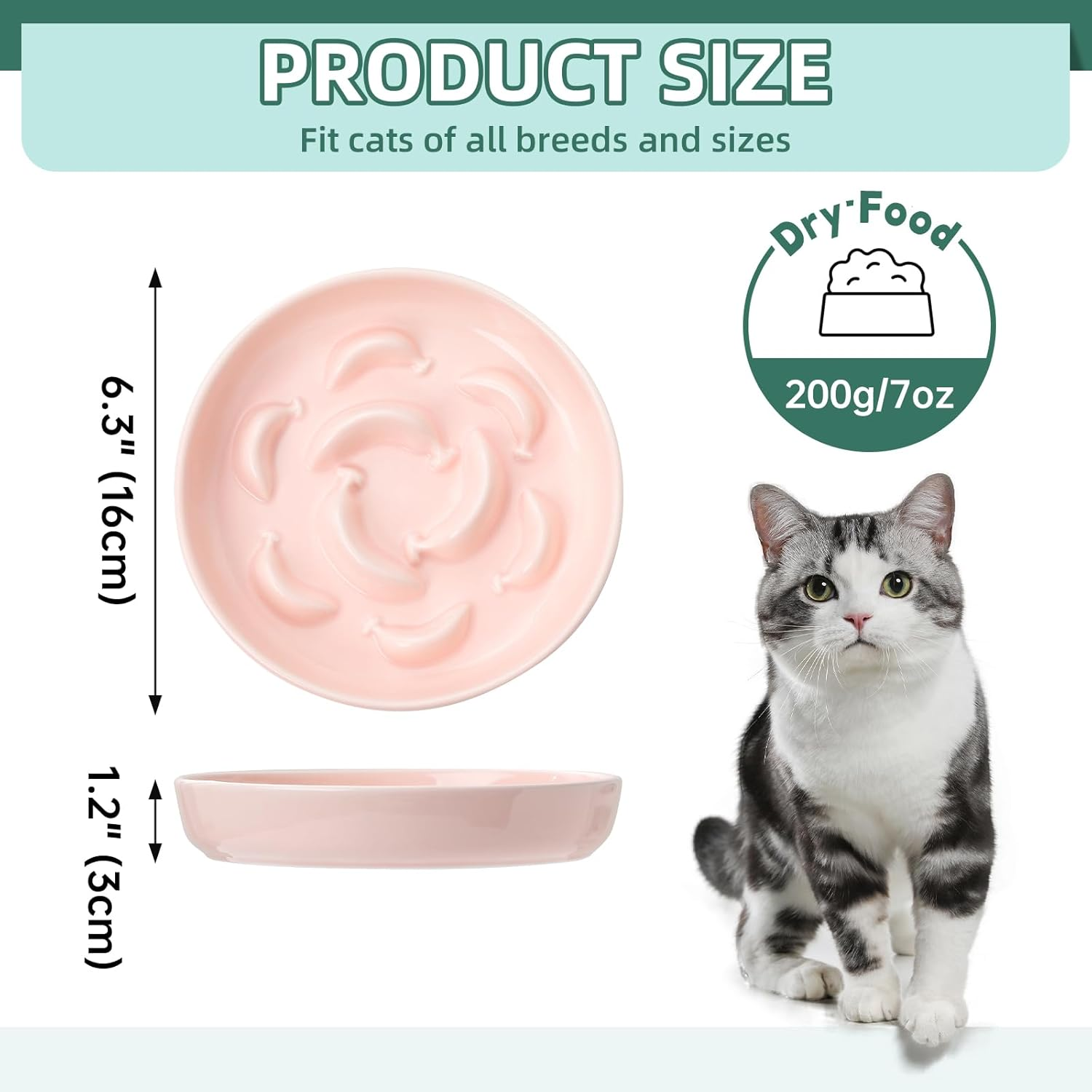 Cat Slow Feeder Bowl Set - 2 Pcs Ceramic Cat Food Plates for Slow Eating - Double Cat Dish for Dry Wet Food - Slow Feeding Cat Bowls Whisker Friendly - Microwave and Dishwasher Safe - White and Pink image number 6