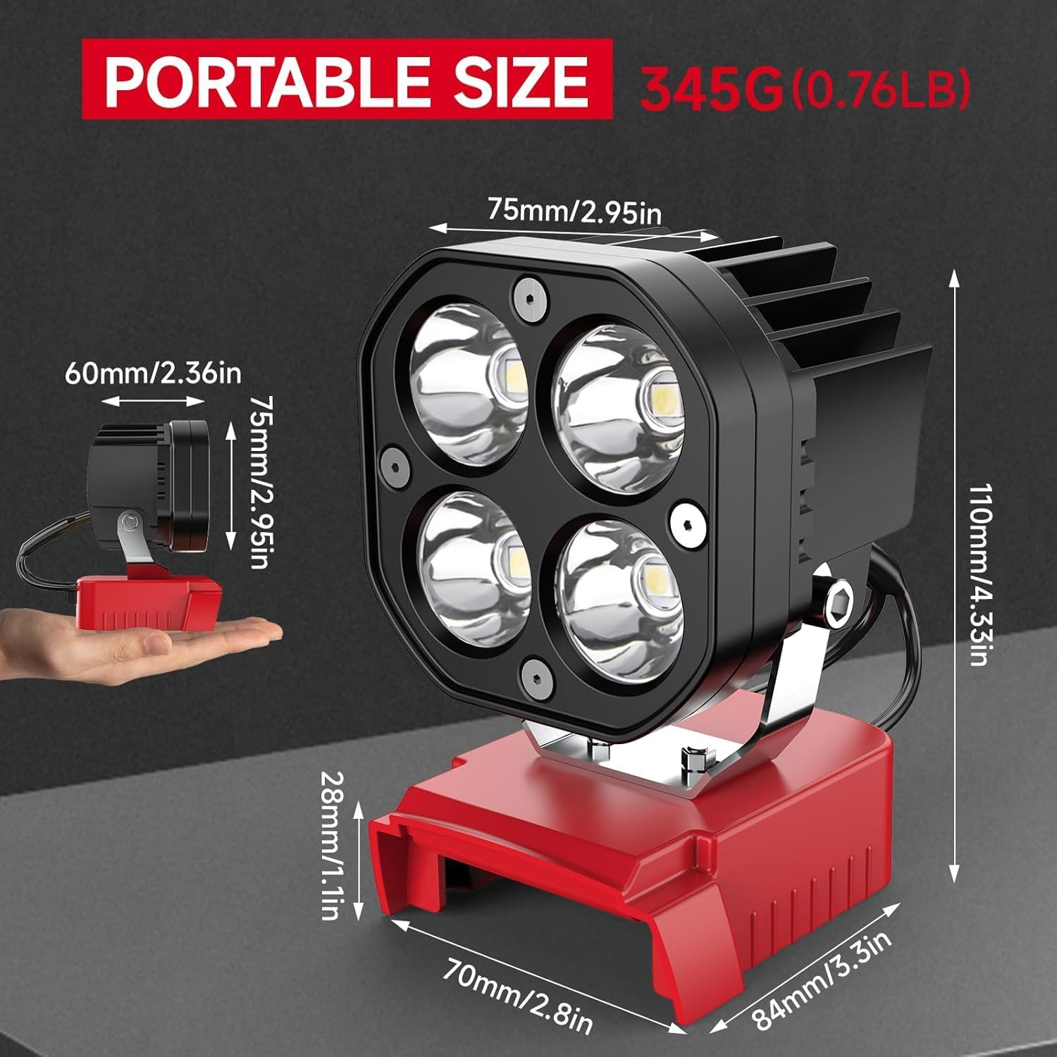 Skogfe LED Work Light Compatible with Milwaukee 18V Battery, 40W 6000LM Flashlight, 18V Battery Cordless Work Light 120&deg;Adjustable with Low Voltage Protection for Outdoors and Job Site Lighting (RED) image number 4