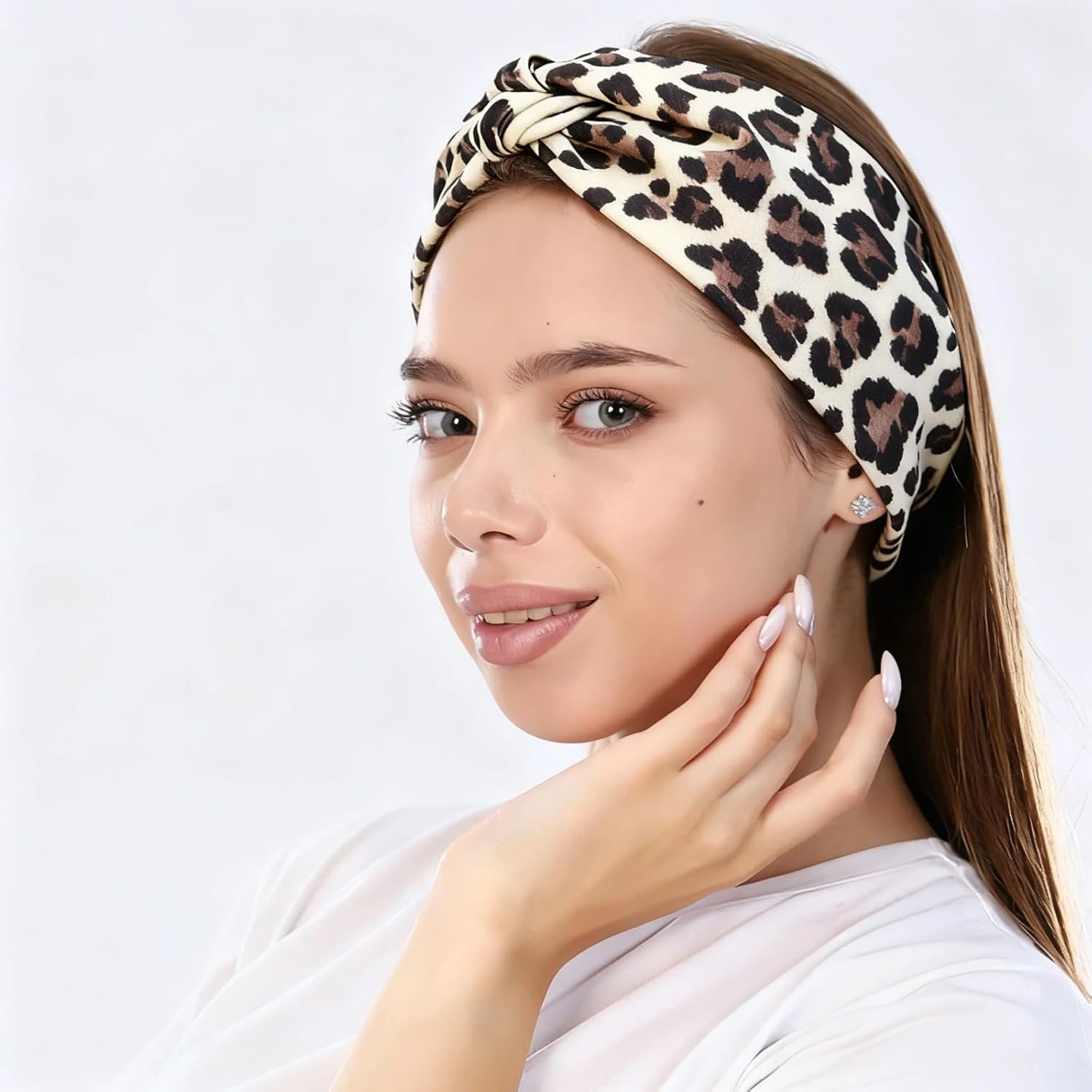 6 Pcs Leopard Print & Solid Color Hair Bands,Wide Elastic Headbands for Women,Yoga Sports Hair Bands,Boho Fashion Knotted Headbands for Women Girls image number 5