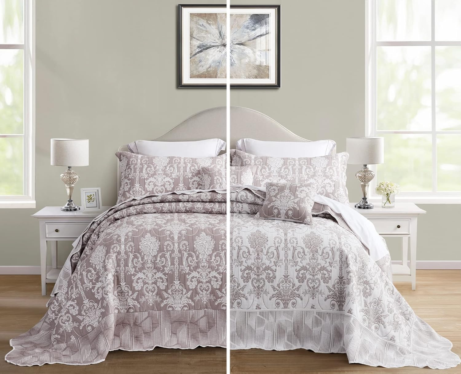Blythease Oversized King Bedspread, Jacquard Matelasse Damask Pattern Design, Lightweight, Reversible, 5 Piece, 100% Microfiber, Gray