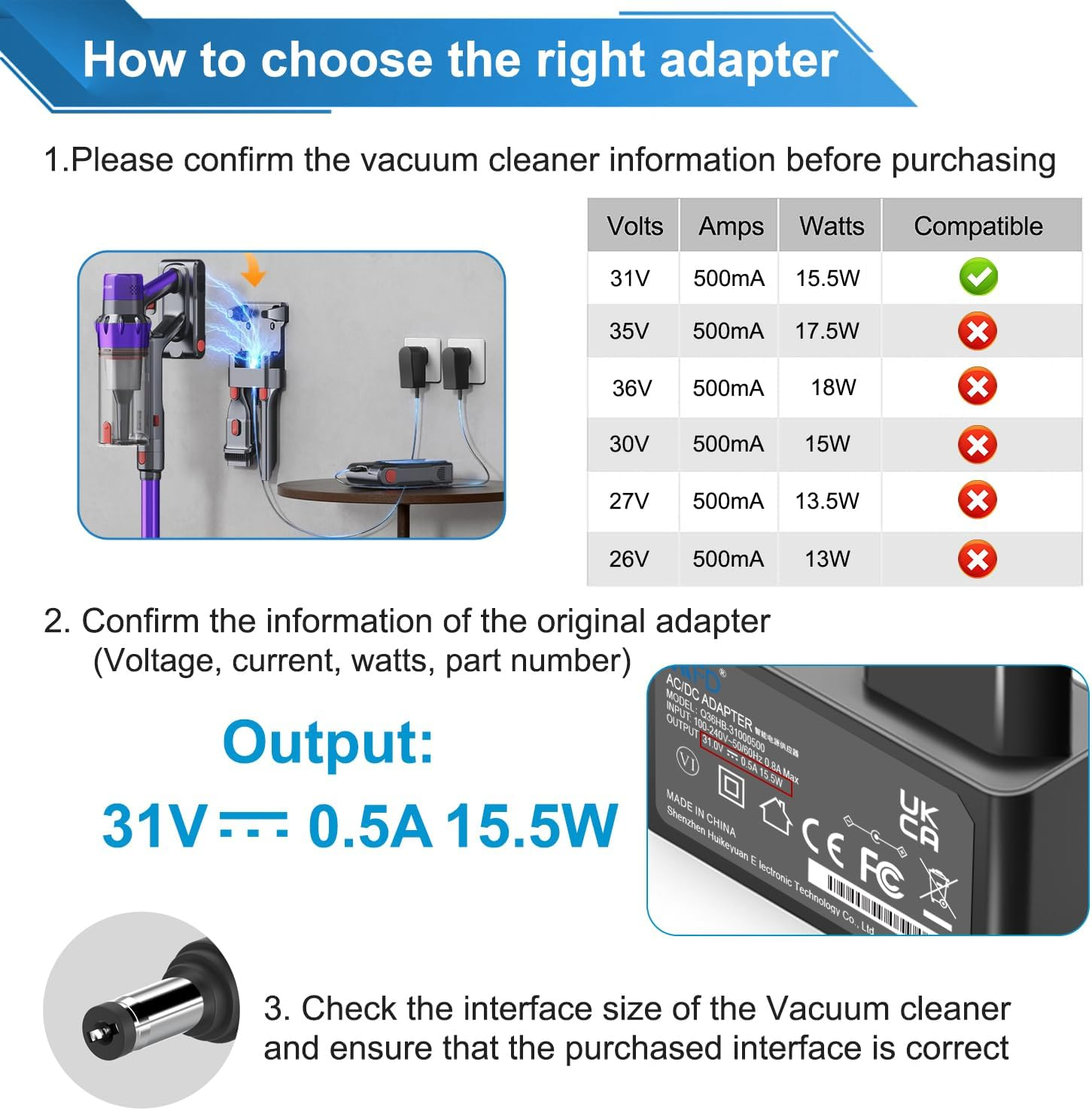 KFD ORFELD VC818 C10A B08 BL818 C10G, Belife V11-1 BVC-V11 BVC-V11 BVC-V12 31V 500Ma Charger Charging Cable for Laresar Elite 3 4 5 Pro Elite1 Elite3 Elite4 Elite5 Battery Vacuum Cleaner Cleaner
