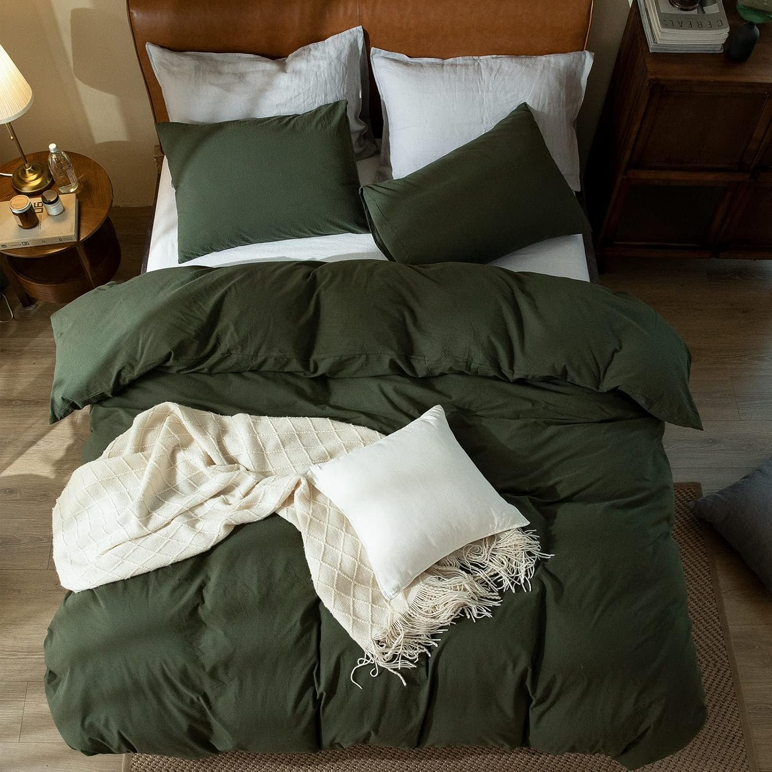 Dark Green Duvet Cover Queen, 100% Washed Cotton Linen like Textured Solid Color Casual Modern Green Bedding Set, with Zipper Closure, Luxury Soft Relaxed Feel Natural Wrinkled Comfy (3Pcs, Queen) image number 5