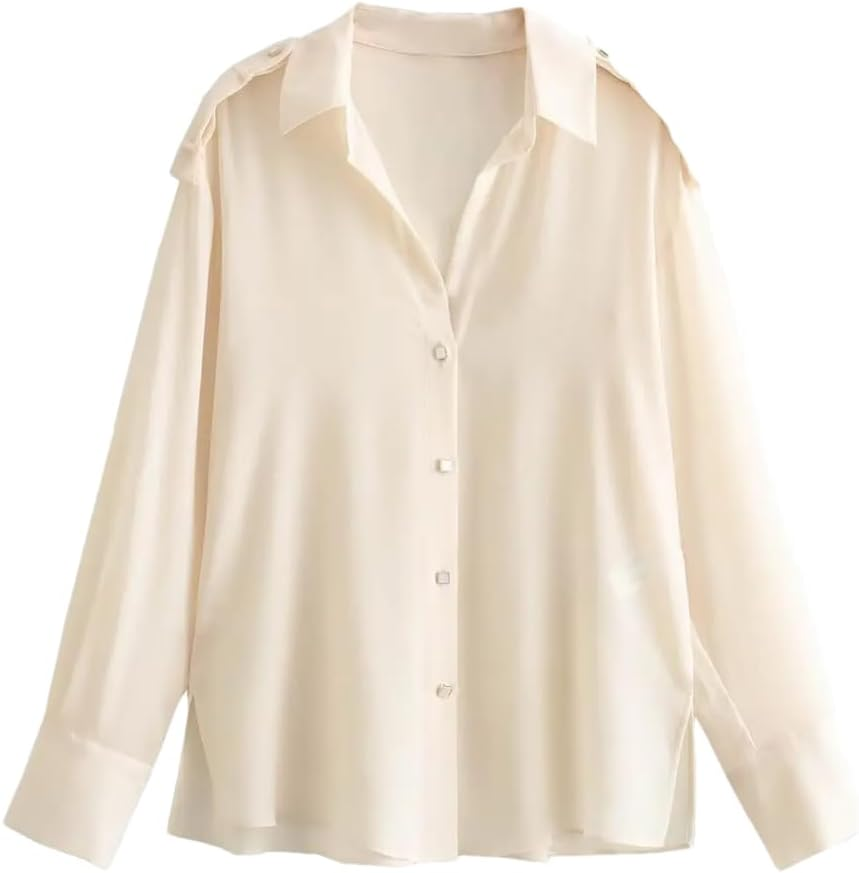 Women'S Long-Sleeved Shirt with Shoulder Straps Solid Casual Loose Fit Blouse Button down Tops image number 1