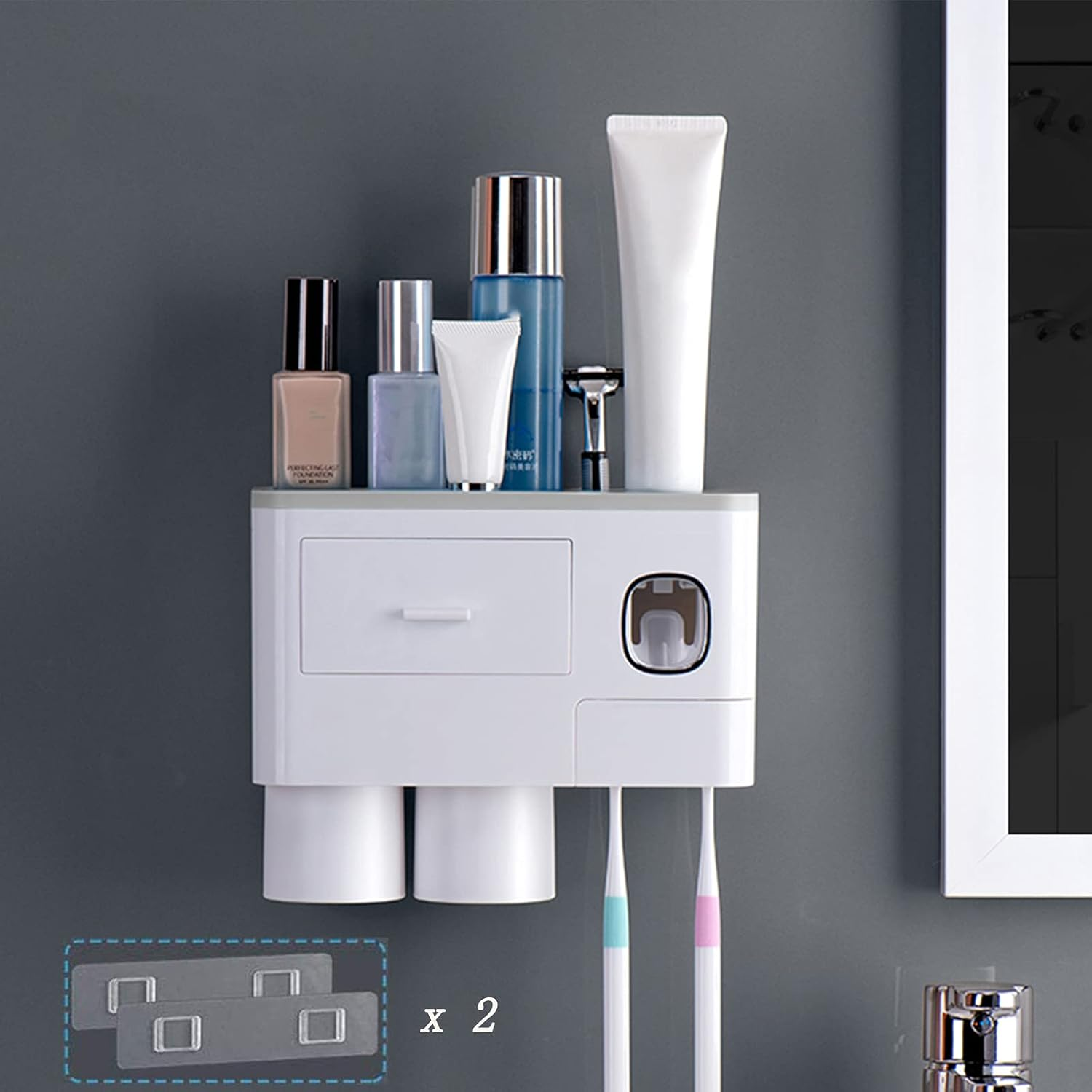 Hushnow Toothbrush Holder Wall Mounted,Toothbrush Storage Box with Dust Cover, Equipped with Toothpaste Dispenser,Cup and Drawer Storage Box(2 Cups, Gray Toothbrush Holder) - Black image number 3