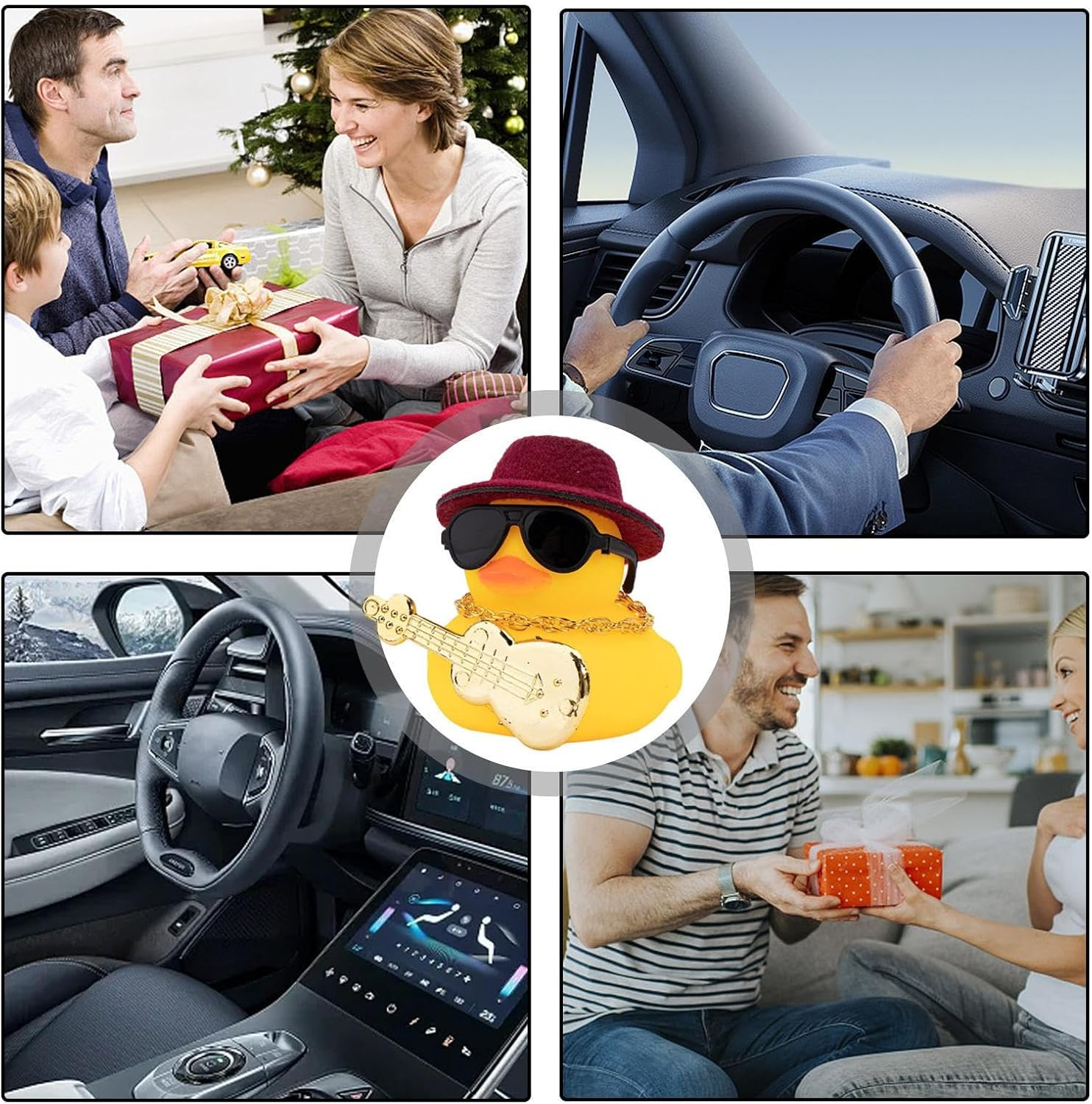 Car Ducks for Dashboard | Soft Rubber Car Duck Dashboard Decoration with Squeak | Mini Duck Car Ornament with Musical Instrument Necklace Sunglasses Hat Zorq