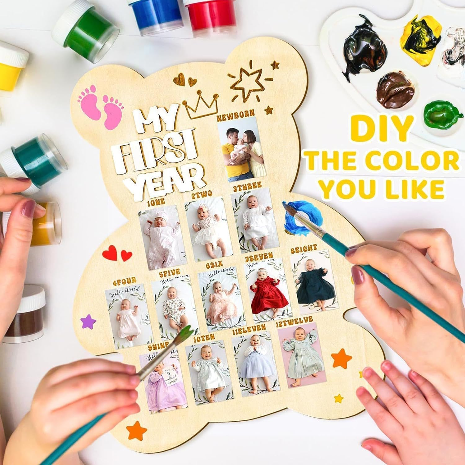 Baby Photo Board | Cute Baby Picture Frame | Wood Kids Growth Picture Display Board for New Parents Enthusiasts Photographers Family Reunion First Birthday Travel - Bath Bottle image number 4