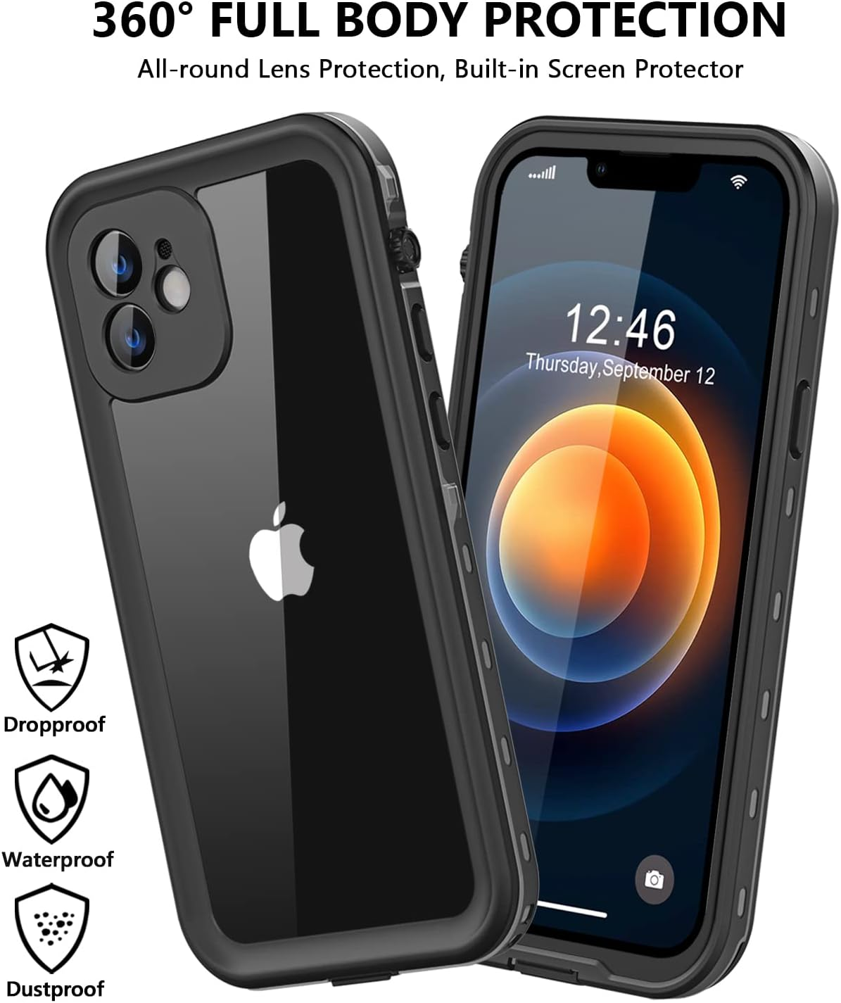 Protebox for Iphone 12 Mini Waterproof Case with Built-In Screen Protector, Shockproof Dustproof Full Body Protective IP68 Waterproof Phone Case for Iphone 12 Mini 5.4 Inch (Black/Clear)