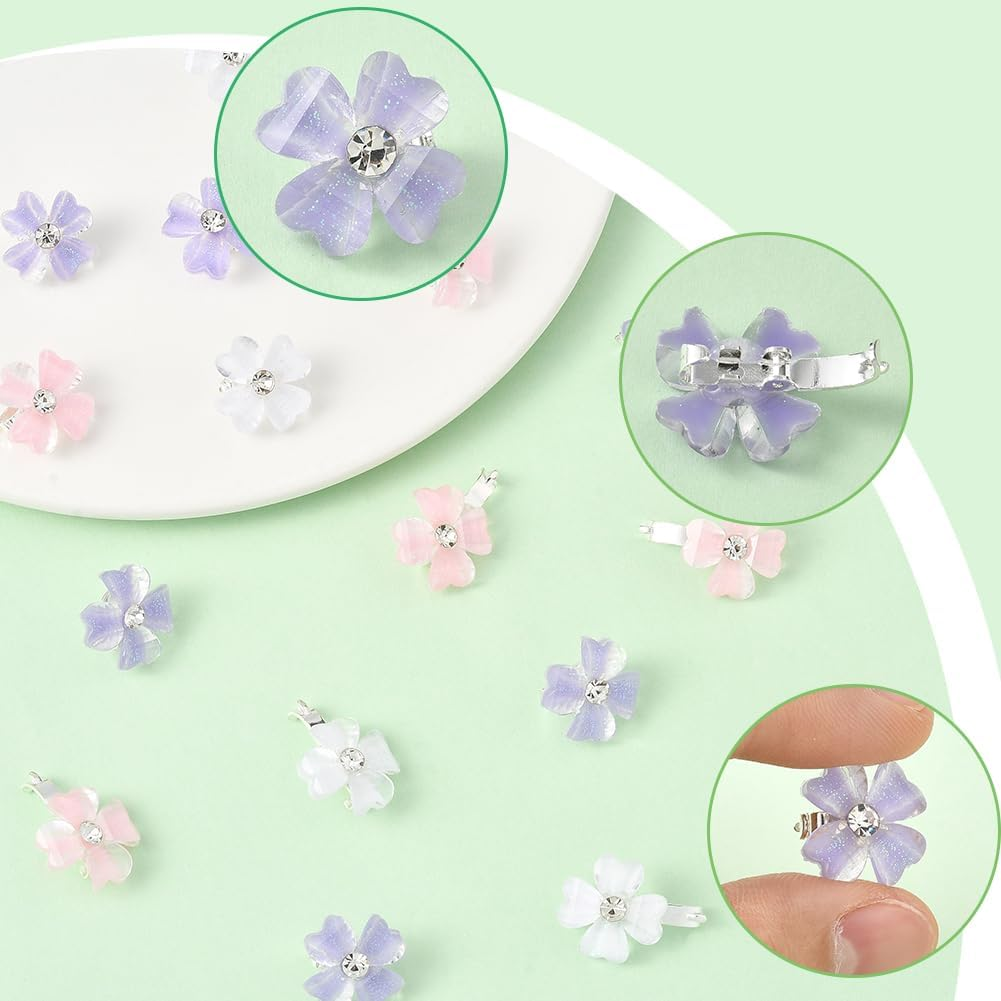 SUNNYCLUE 1 Box 30Pcs 3 Colors Four Leaf Clover Hairclip Lucky Hair Pin Mini Resin with Rhinestone White Pink Purple Shiny Hair Clips for Barrettes Braid Decorative Accessories Women Costume Party image number 2
