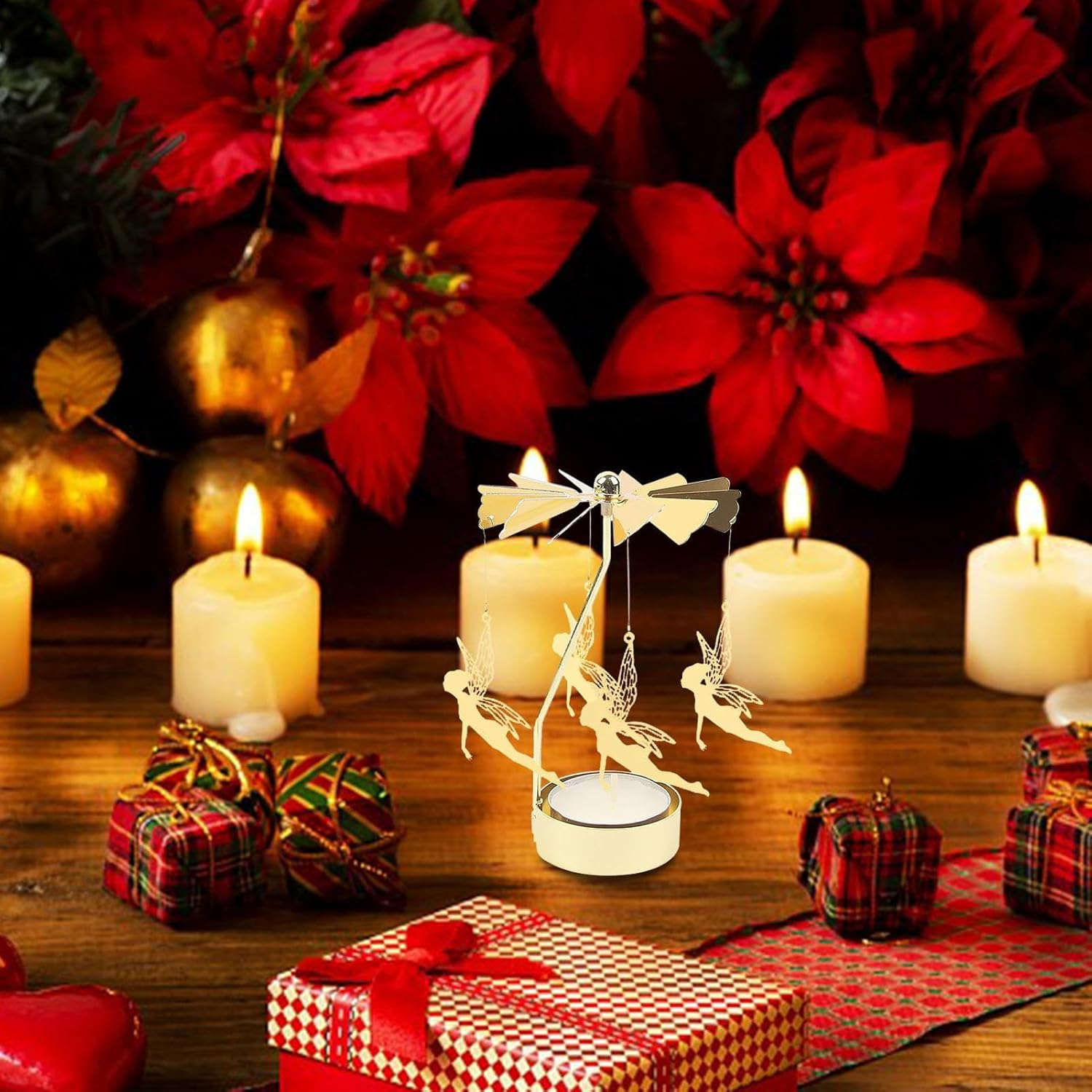 Rotating Christmas Candle Holder &ndash; 5.12 Inch Metal Decoration | Rotating Candle Holder, Gold-Colored Ornament for Christmas, Valentine&rsquo;S Day, Party Table Decoration, Living Room, Festive Events
