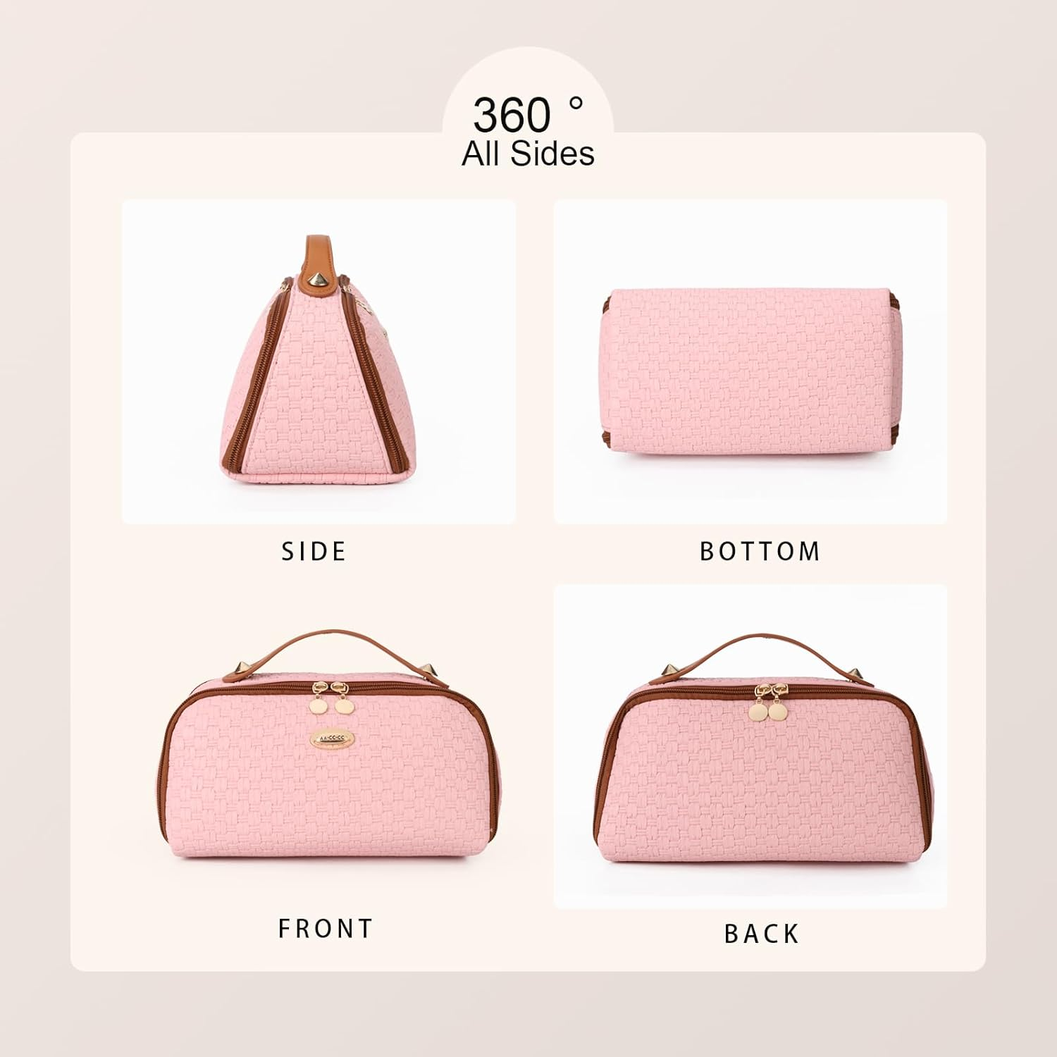 DDPOND Makeup Bag Organizer Cosmetic Bags for Women with Handle Toiletry Bag PU Leather Dark Brown - Pink image number 3