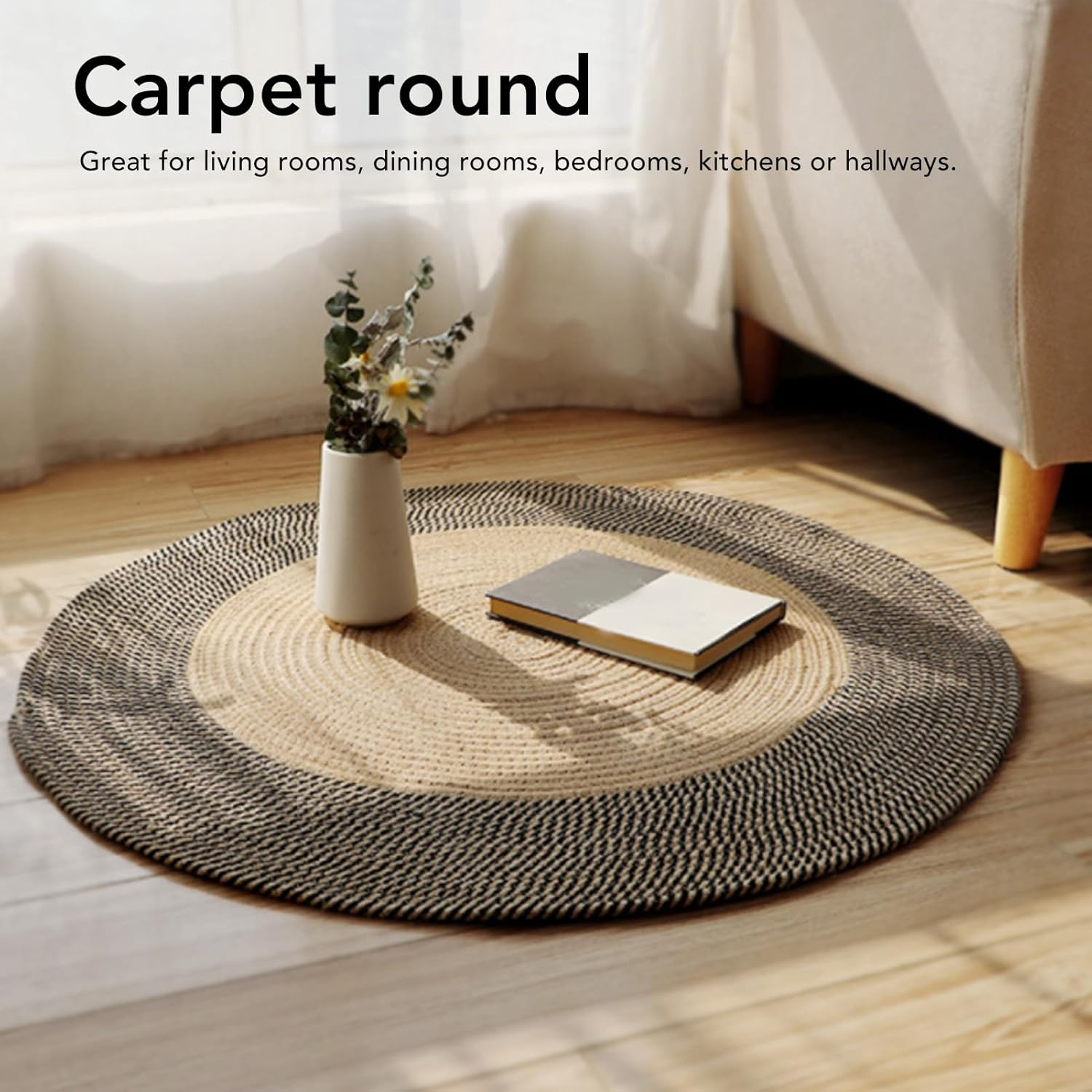 Jute Braided Rug, round Jute Rug, Hand Woven Reversible Fashionable Area Rug, Circle Carpet, Area Rug for Bedroom, Hallway, Living Room, Kitchen (Retro Color) image number 6
