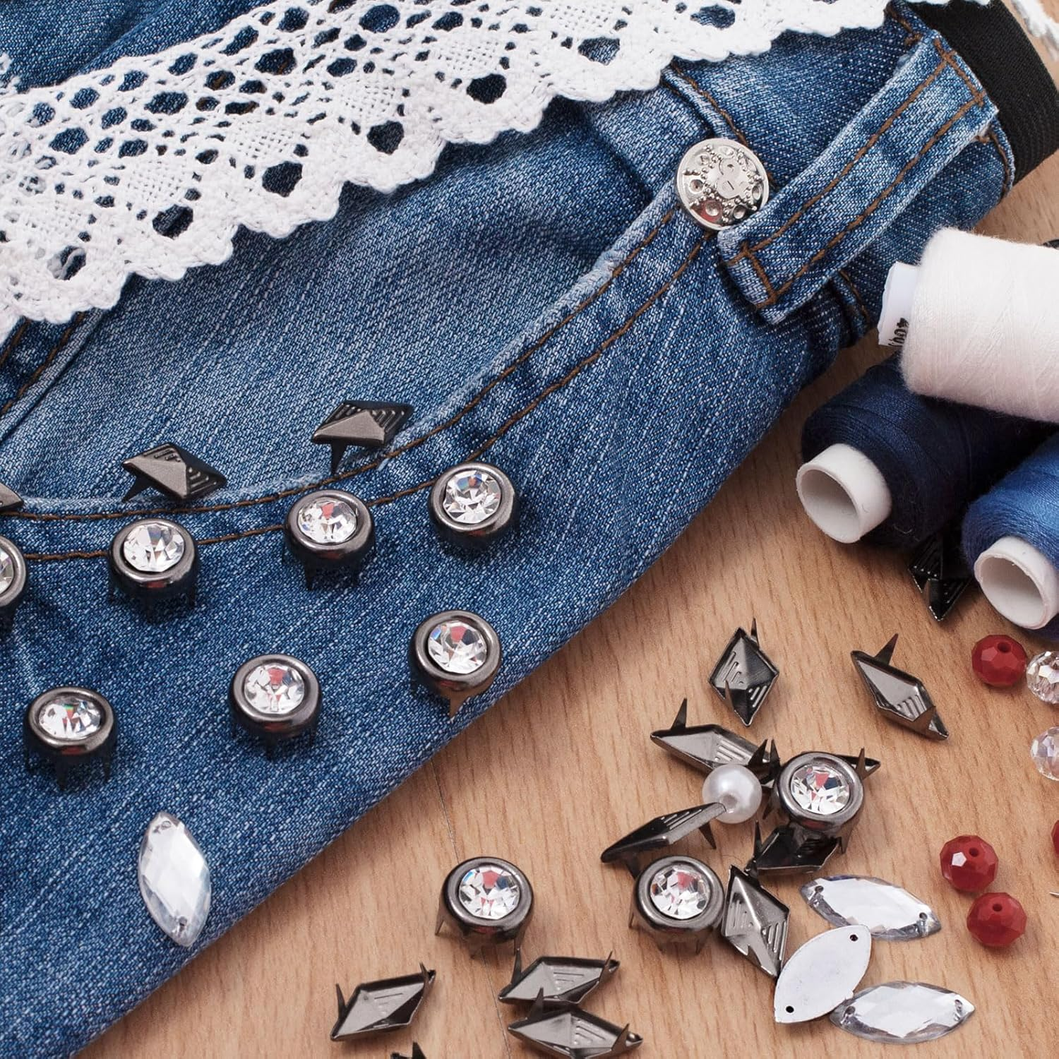 Sourcing Map 120Pcs Rhinestone Stud Refills, 7Mm/0.28" Rhinestone Claw Beads Nailhead, Rivets Metal Spikes Rivet Decorative for DIY Leather Craft Making Purse Clothing Shoes Belt, Black White image number 3