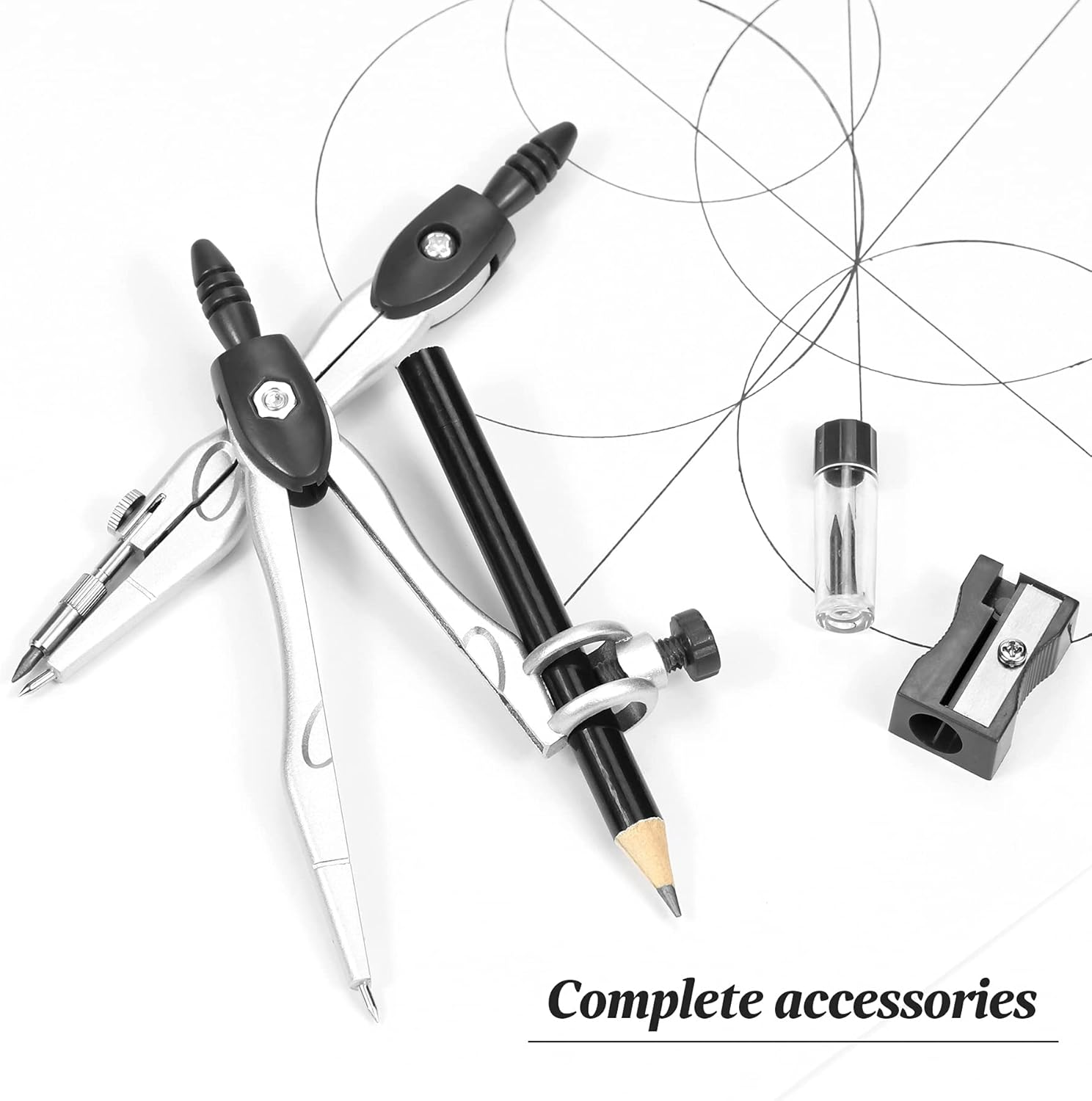 Math Geometry Kit Sets 10 Piece Student Supplies with Shatterproof Storage Box,Includes Rulers,Protractor,Compass,Eraser,Pencil Sharpener,Lead Refills,Pencil,For Drafting and Drawings（Black） - Black image number 4