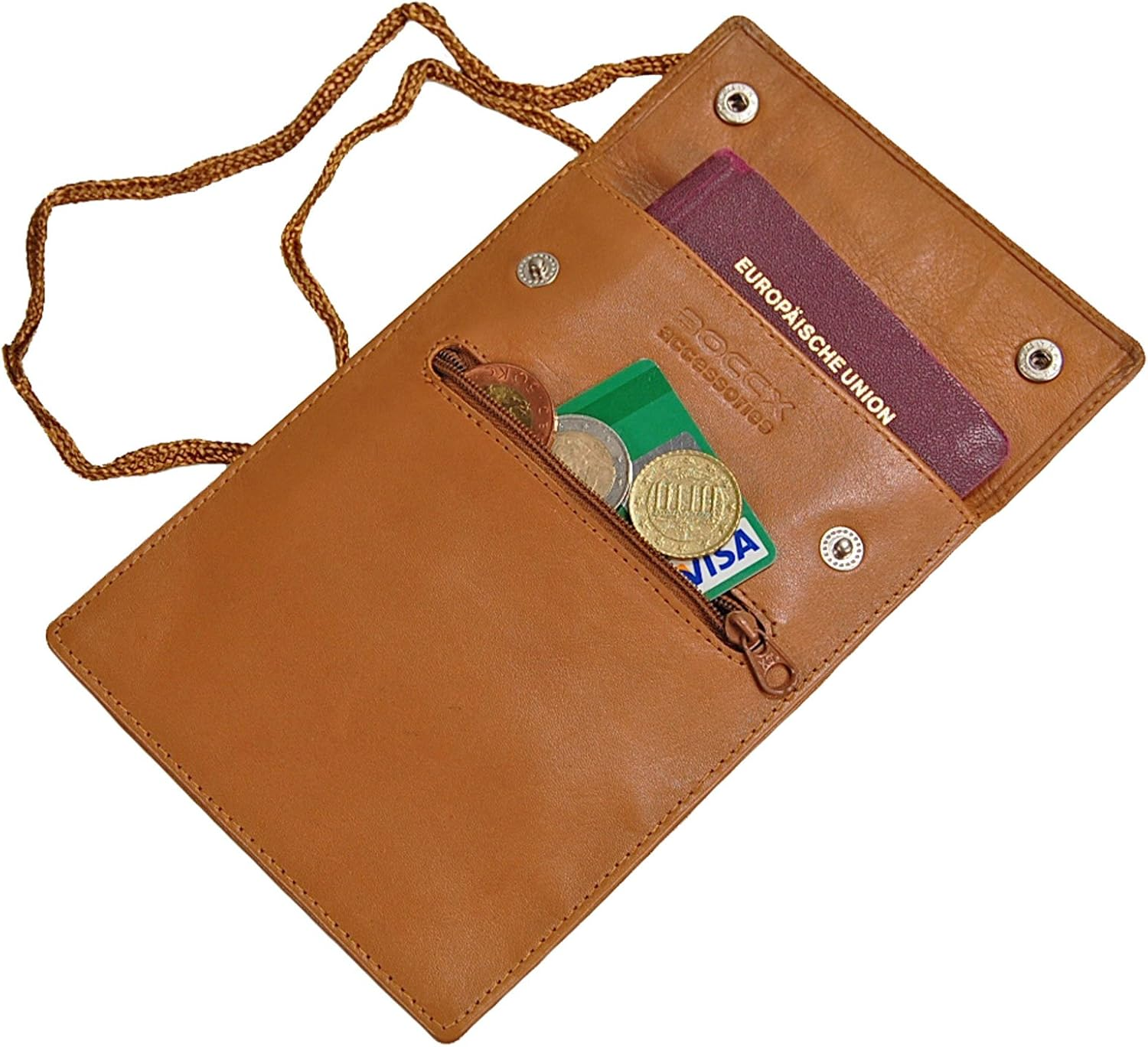 BOCCX Gobago 10019 Large Neck Pouch Soft Leather with Transparent Compartment Security Wallet for Passport Chest Pocket Natural, Natural, M, Neck Pouch image number 2