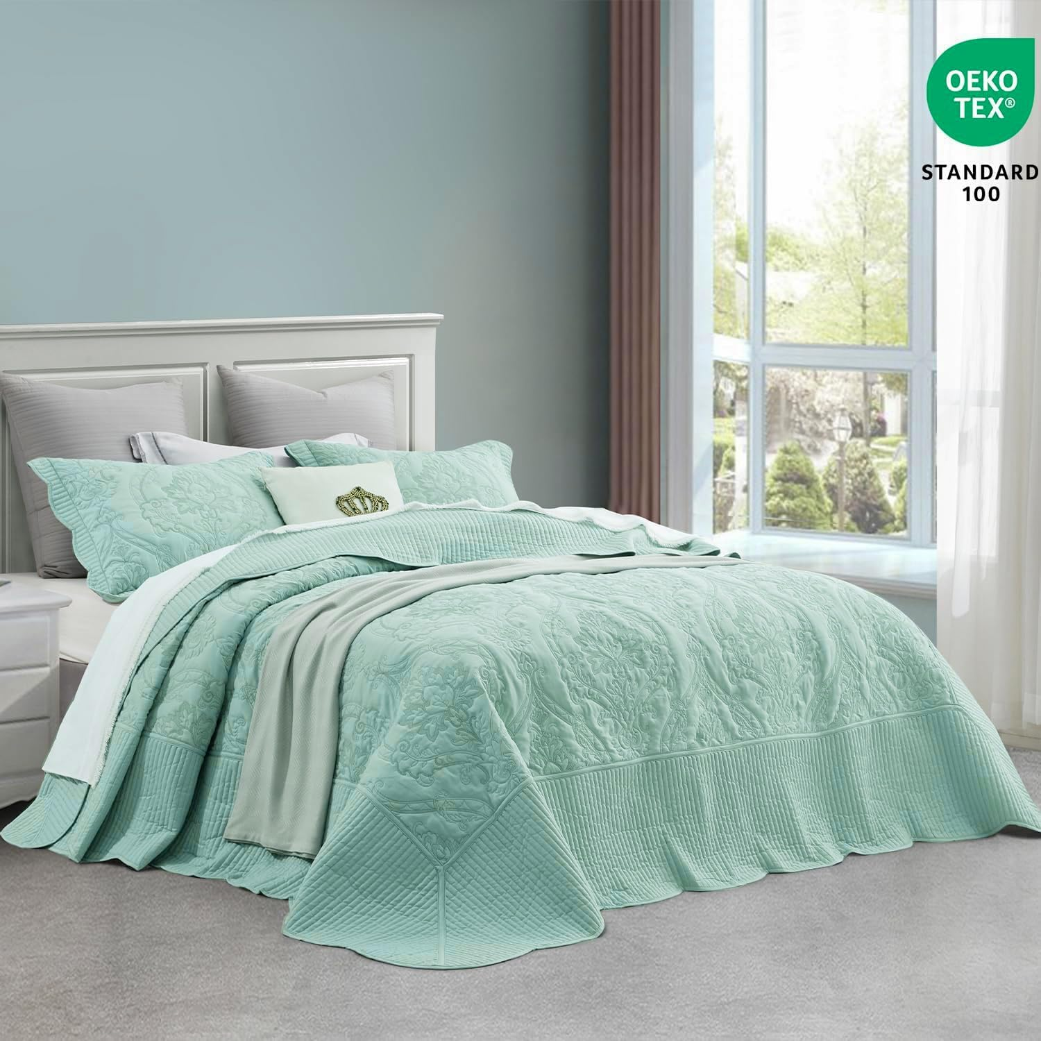 CHIXIN Oversized King Bedspread 128X120 Extra Wide - Lightweight Bedding Cover - Beautiful Stitching - 4 Piece Reversible Bedspread - Gorgeous Damask Paisley Pattern (King/Cal King, Seaglass) image number 7