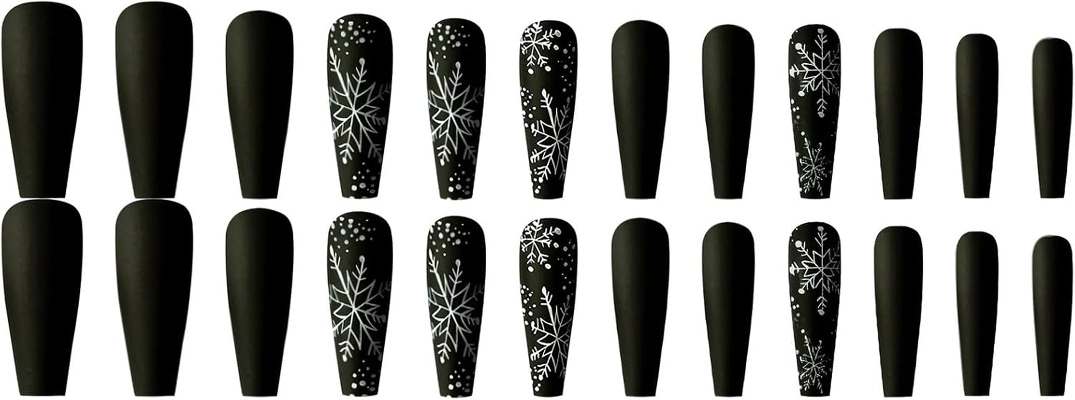24 Pcs Snowflake Press on Nails Long Black White Christmas Fake Nails Glossy White Snow Glue on Nails Full Cover Coffin Shaped Long Christmas False Nails for Women Manicure Decorations - Christmas Snowflake image number 3