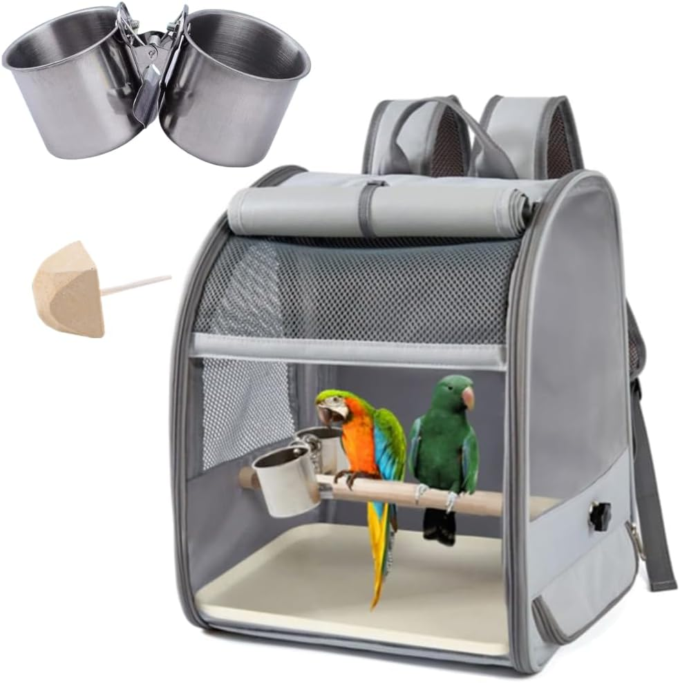 Backpack for Birds with Wooden Stick Bird Carrier Backpack, Pet Travel Cage with Standing Perches, with Stainless Steel Clip Cups, 1 Molar Stone, Breathable and Portable, for Small Birds, Green Cheek image number 3