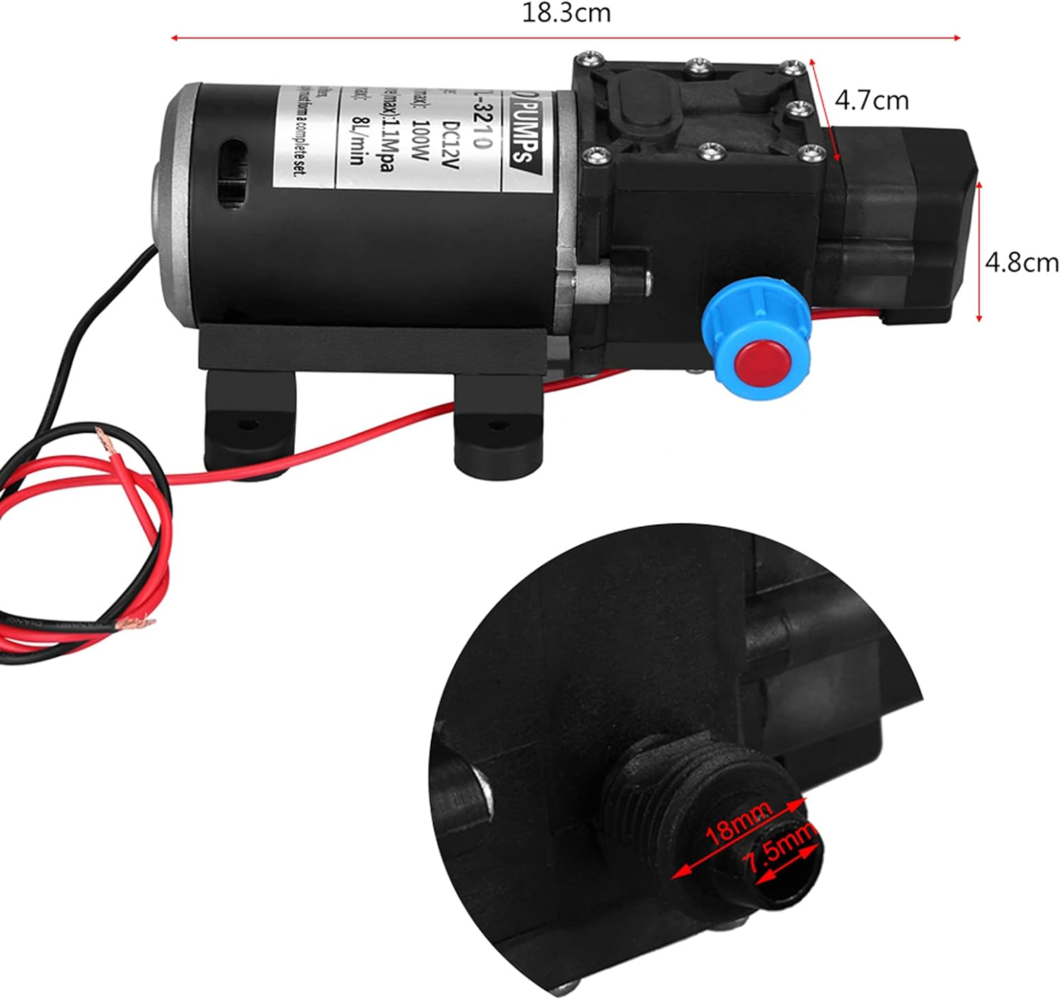 Self Priming Water Pump 12V DC 100W with 160 PSI Max Pressure and 8L / Min Flow with Automatic Pressure Switch for RV Boat and Solar Systems image number 6