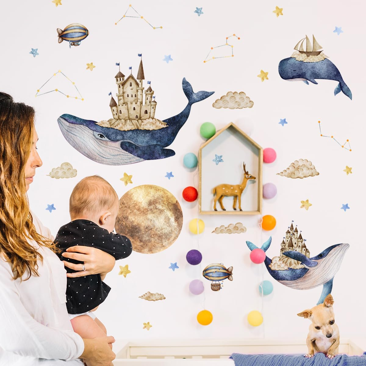 Whale Castle Wall Stickers,Large Whales Dolphins Star Moon Wall Art Decals Peel and Stick Wall Stickers for Boy Bedroom Kids Room Baby Nursery image number 2