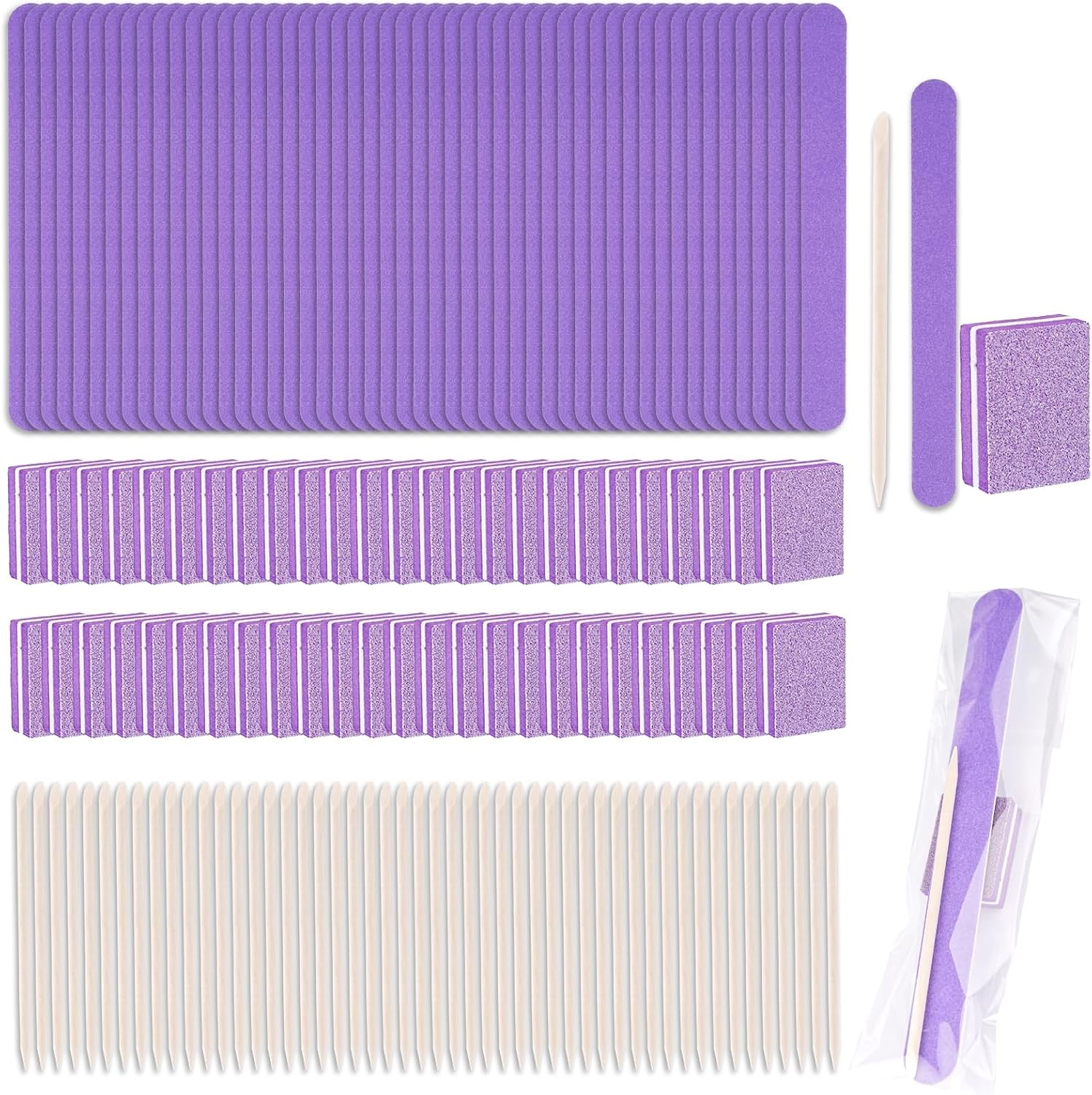 50 Set Disposable Manicure Kit, Including 50Pcs Mini Nail Buffer, 50Pcs Nail File, 50Pcs Wood Stick, 50Pcs OPP Bag, Press on Nail Tool Kit for Salon Home (Purple) image number 3