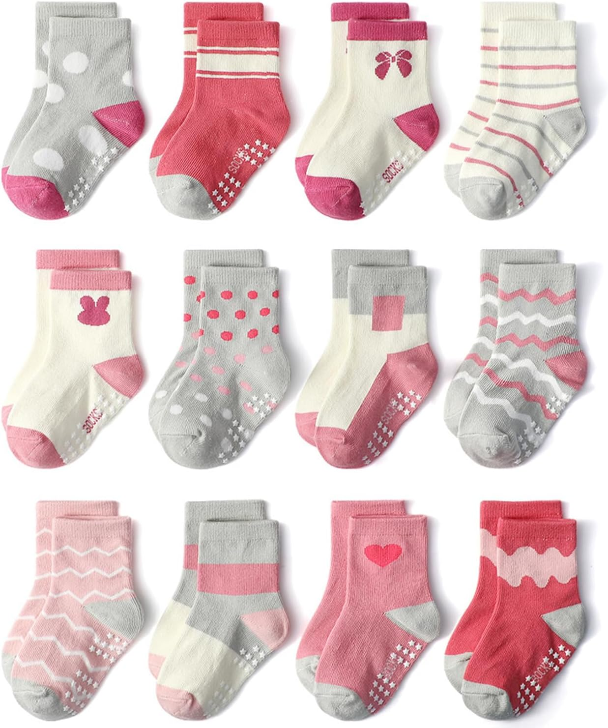 12 Pack Baby Non Slip Socks, Toddlers Kids Soft Cotton Crew Socks with Grippers Non-Skid Ankle Socks for Boys Girls Infant image number 2