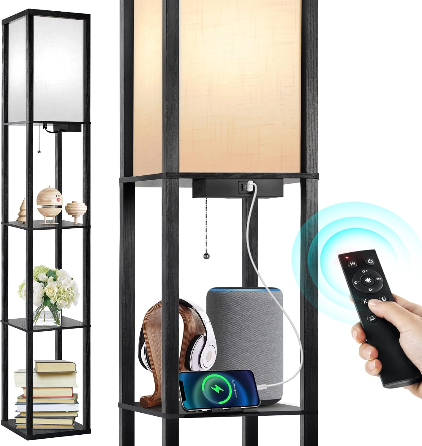 OUTON LED Floor Lamp with Shelves, Dimmable Floor Lamp with 2 USB Ports, Remote Control, 4 Colour Temperature, Storage Display Tall Standing Lamp for Living Room Bedroom Office(Black) image number 2