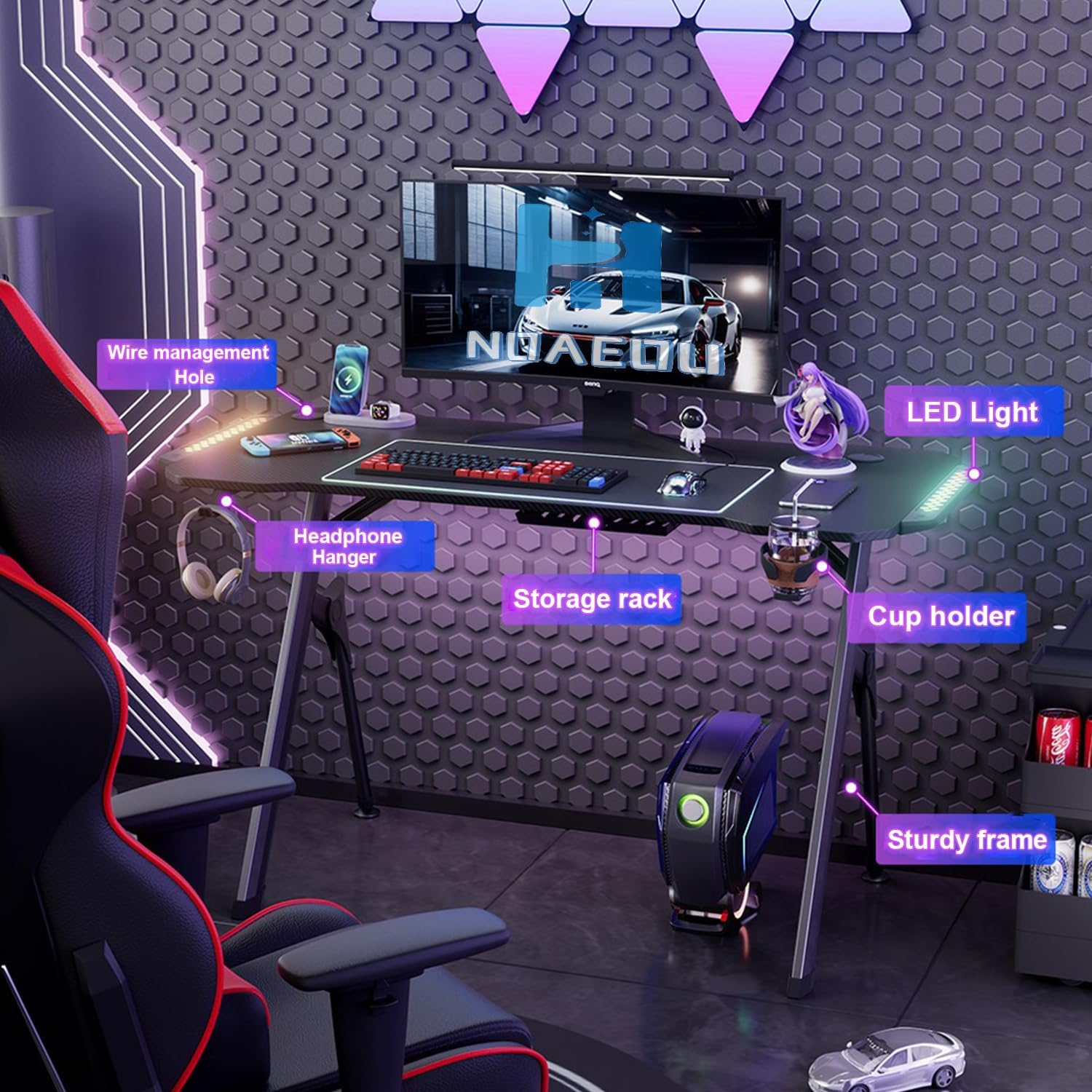 Gaming Desk Computer Desk: 160Cm LED RGB Light Home Desk Study Desk with Carbon Fiber Surface Video Game Table with Cable Management Box, Cup Holder, Headphone Hook and Mouse Pad (TD-02)