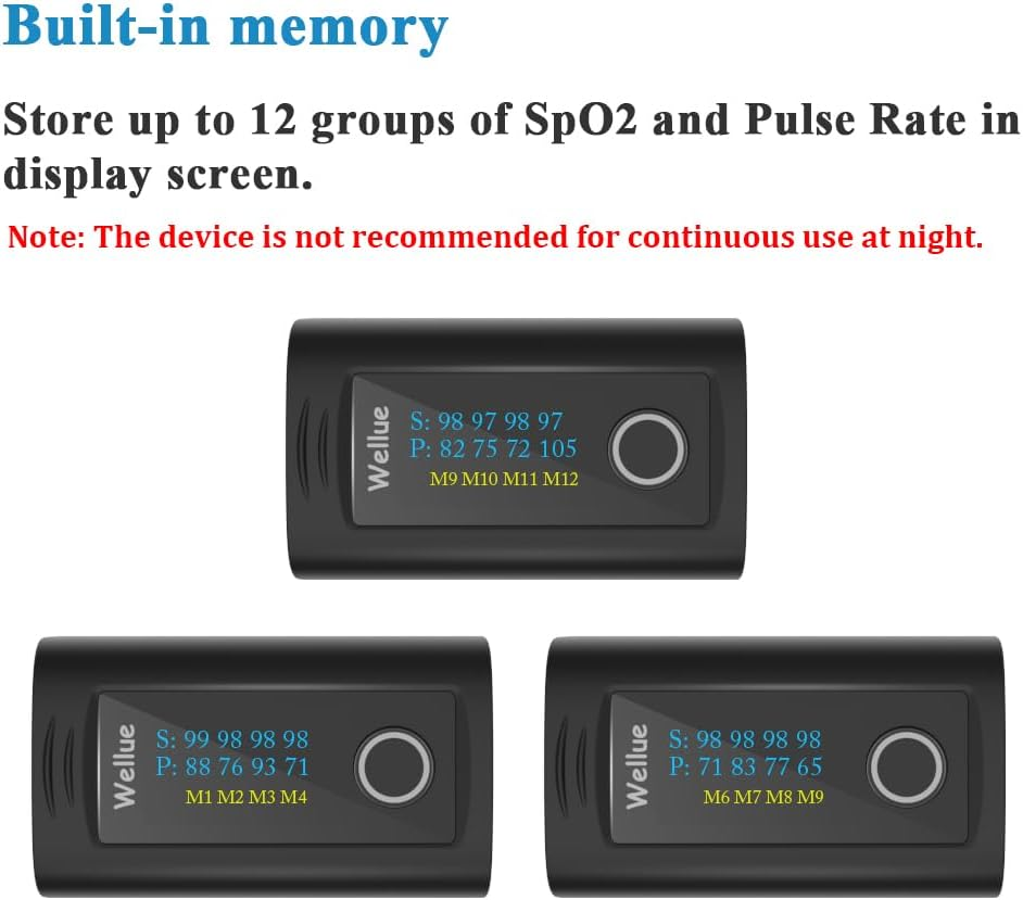 Wellue Fingertip Blood Oxygen Saturation Monitor with Alarm, Batteries, Carry Bag & Lanyard for Wellness Use PC-60FW Bluetooth