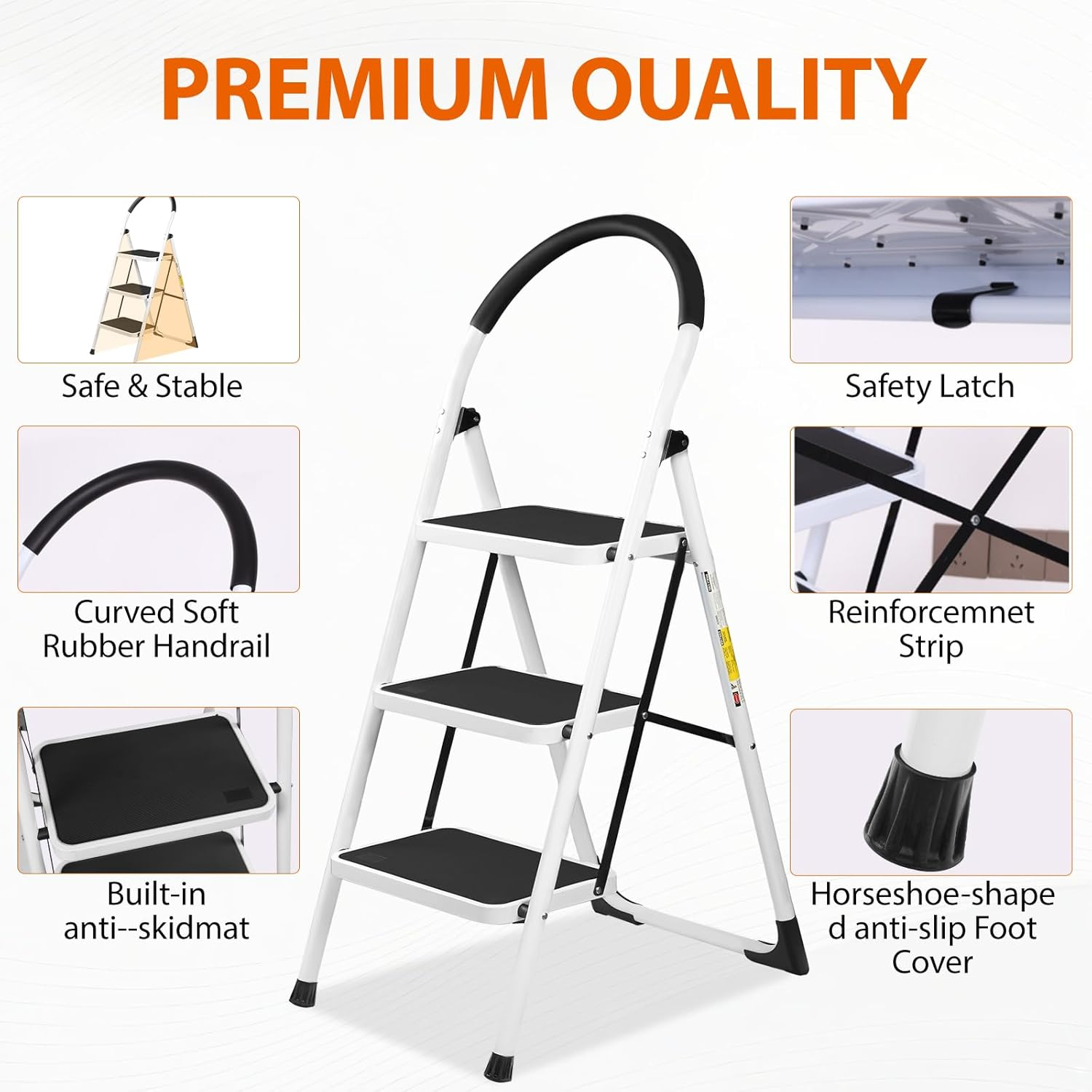 3 Step Ladder, Folding Step Stool, Portable Household Stepladder with Widen Pedal, Portable Non-Slip Rubber Mat, for Kitchen Pantry Closets Home Office, Holds up to 150 KG