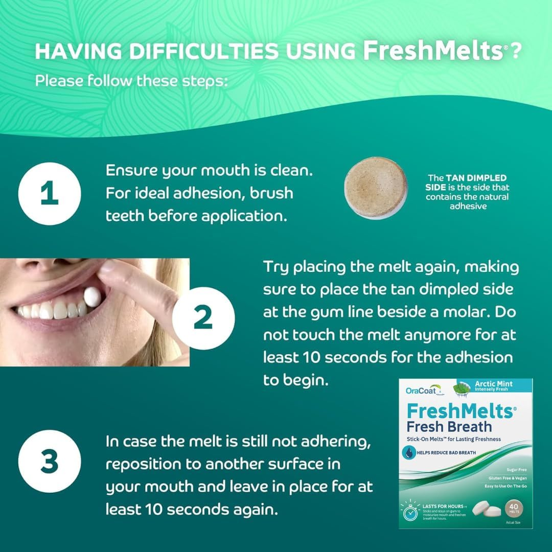 Freshmelts by Oracoat &ndash; Arctic Mint Breath Fresheners, 40 Pack &ndash; Sugar-Free, Vegan, Long-Lasting Mint Flavour for Bad Breath &ndash; Stick-On Oral Discs, Travel & Everyday Freshness image number 2