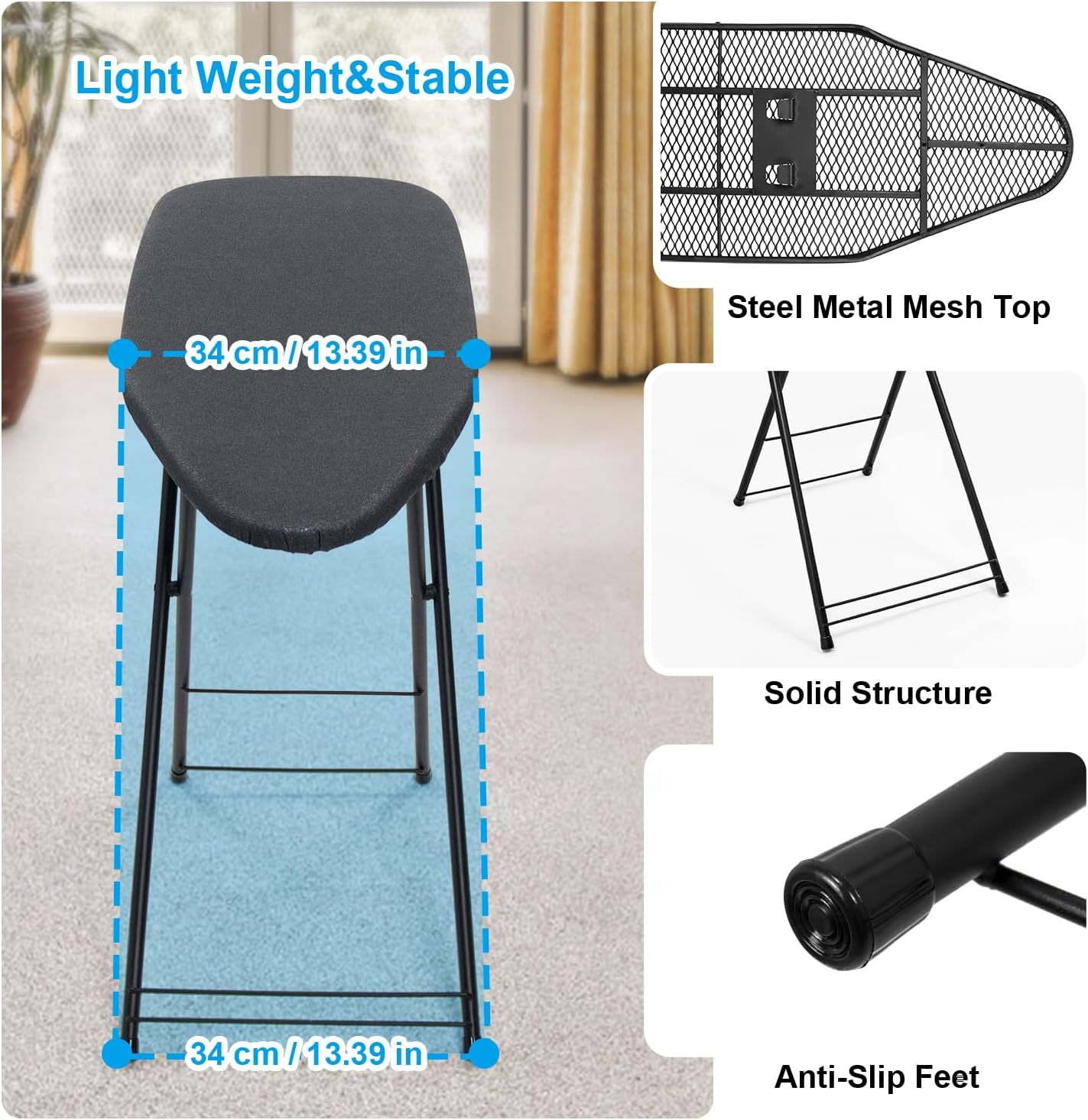 Duwee Compact Ironing Board (33 X 89 Cm) with Ample Ironing Space, Lightweight Iron Board with Anti-Gravity Hook, Easy for Storage (Black)