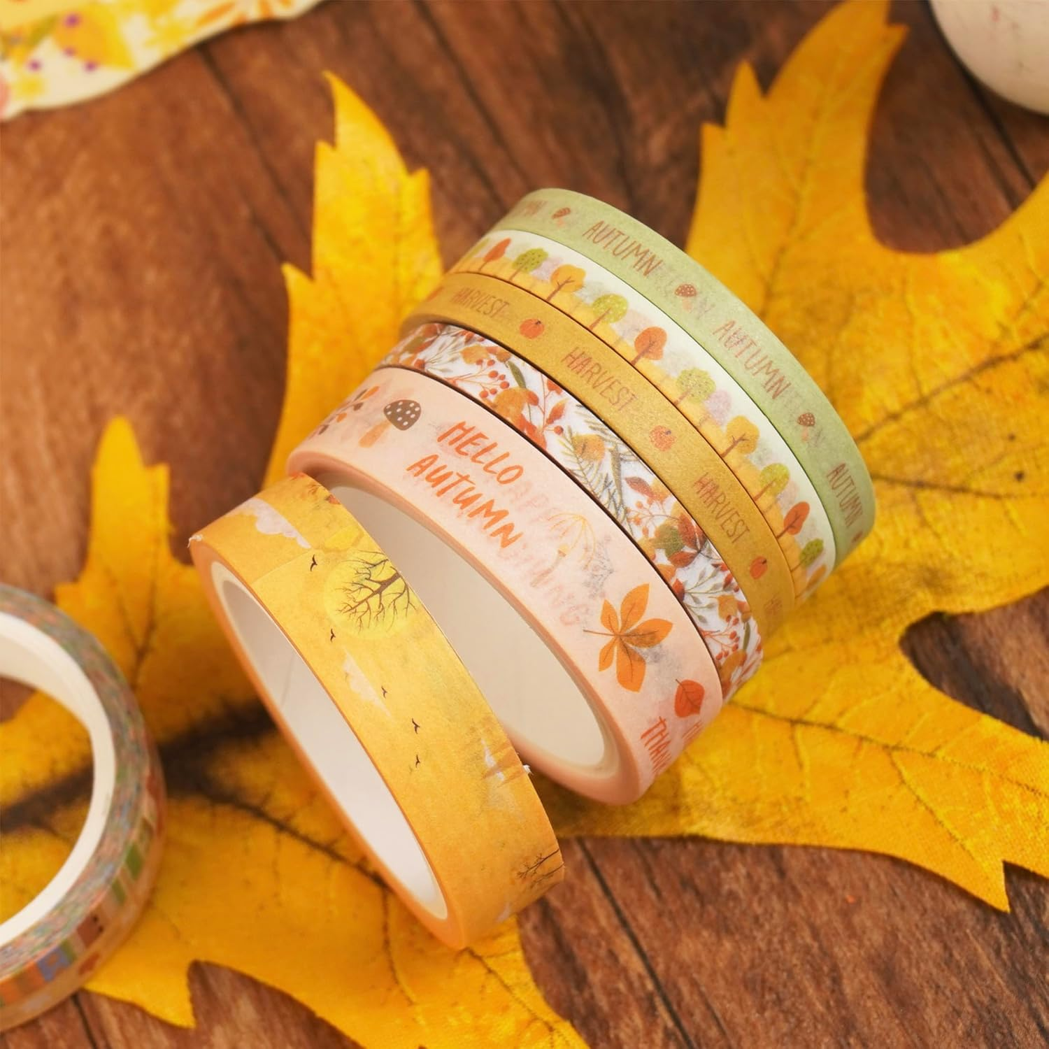 YUBX Autumn Washi Tape Set 18 Rolls Fall Printed Embellishment Yellow Decorative Masking Tapes for Arts, DIY Crafts, Journals, Planners, Scrapbook, Wrapping image number 6