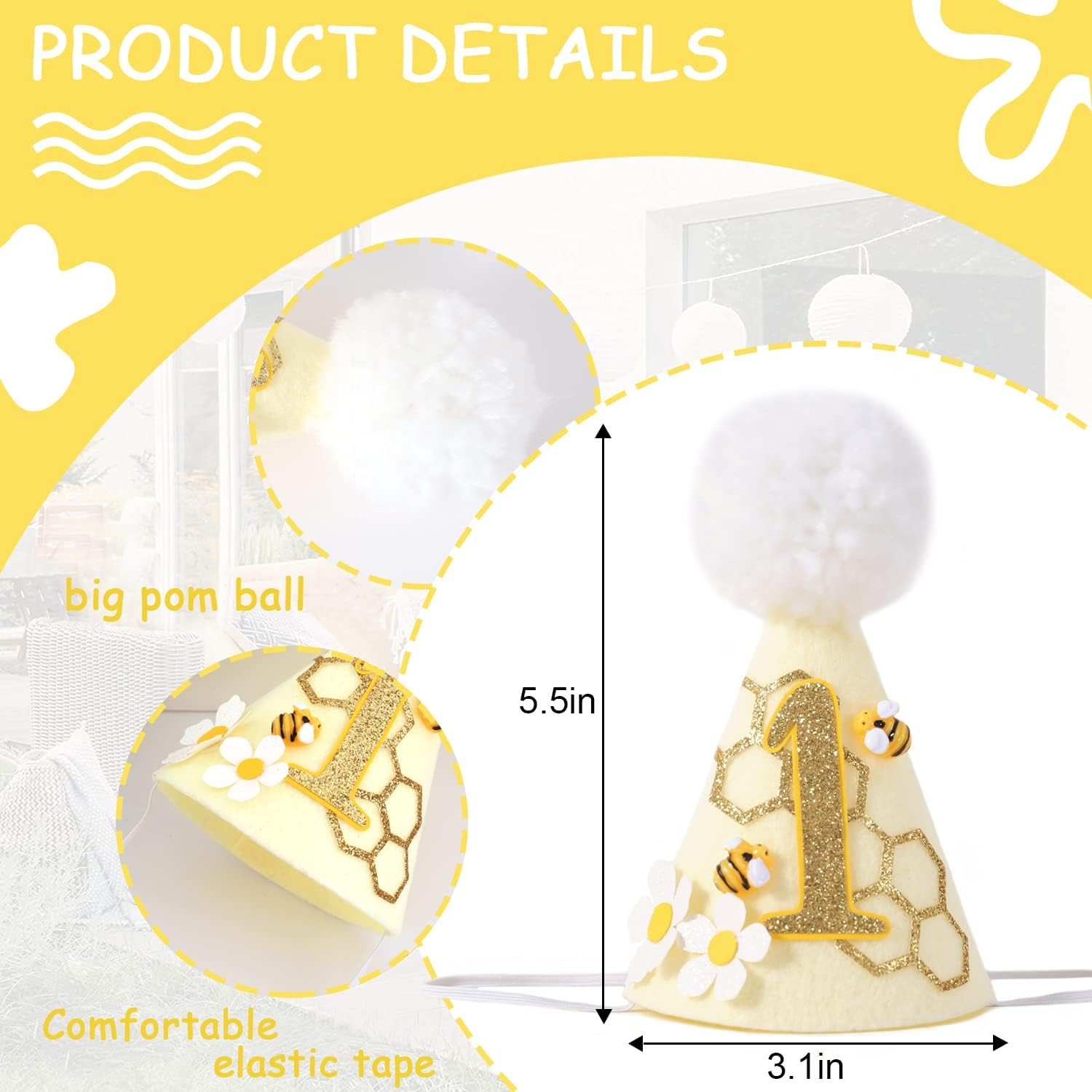 SYESQL Bee 1St Birthday Cone Hat - Party Hat with Photo Props for Baby'S First Birthday Party image number 5