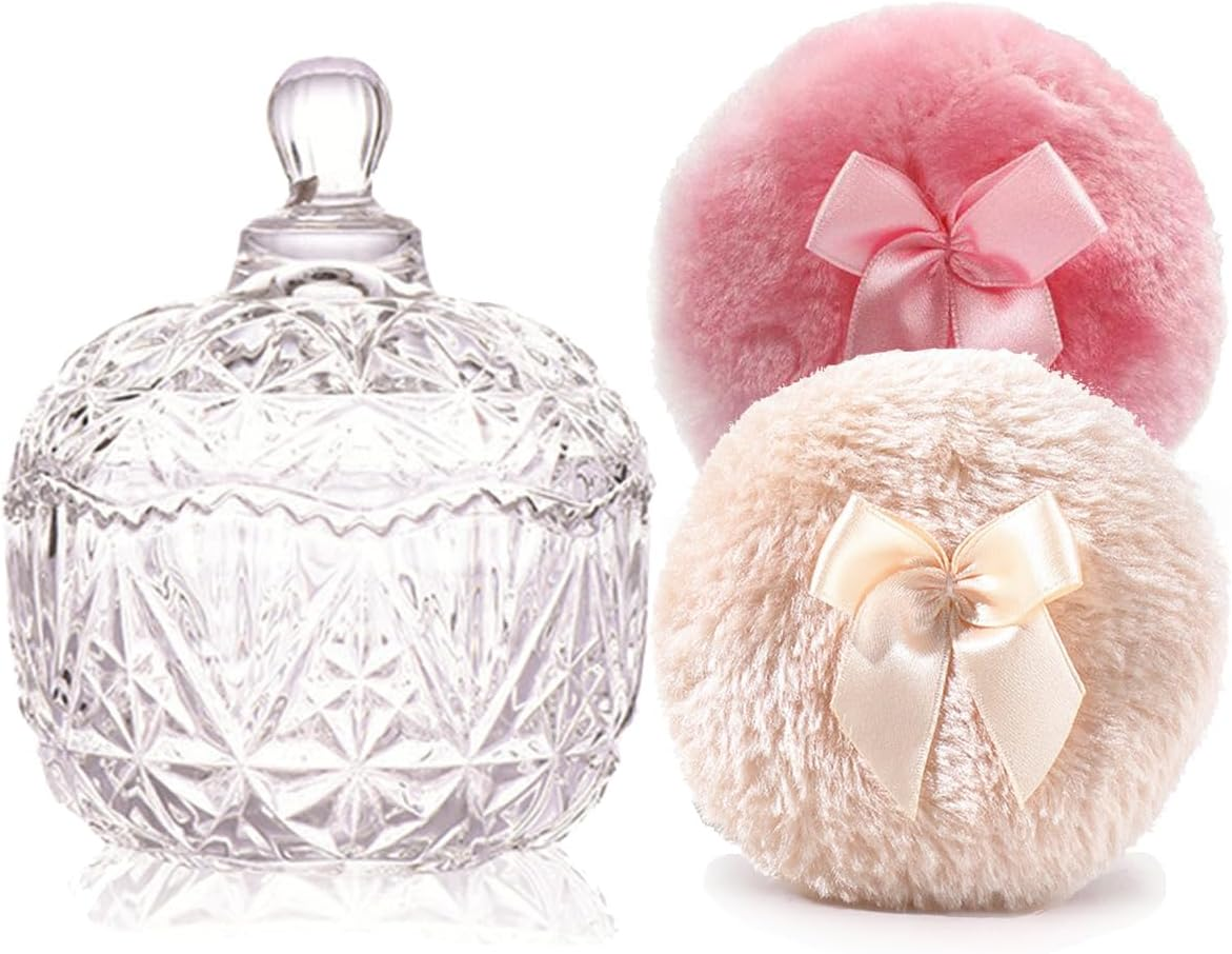 Luxury 4 Inch Glass Loose Powder Container with 2 Soft 3.5" Puffs｜Non-Sealed Refillable Organizer Storage for Body Powder Makeup & Jewelry & Setting Applicator(Crown-Clear) image number 1