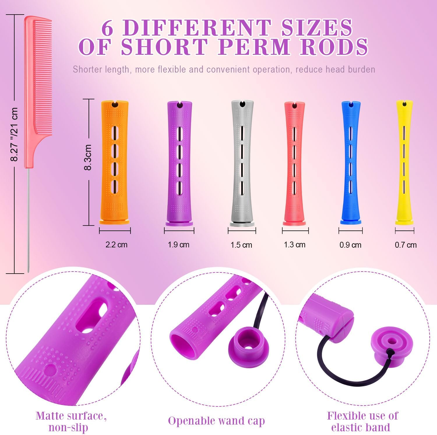 WILLBOND 72 Pcs Hair Perm Rods Kit Short Plastic Perming Rods Set Cold Wave Rods 6 Sizes Hair Curling Rollers Hairdressing Tools with Steel Tail Pintail Comb for Hair Styling (6 Colors, 3.27 In) image number 3