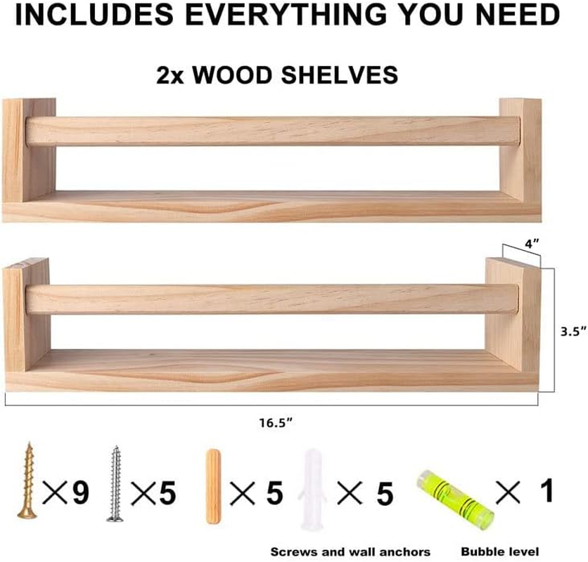 METOY 2Pcs Floating Wall Shelves, Naturel Wood Floating Wall Bookshelf Nursery Bookshelves for Bathroom Decor Kitchen Spice Rack Bookshelf Organizer image number 5