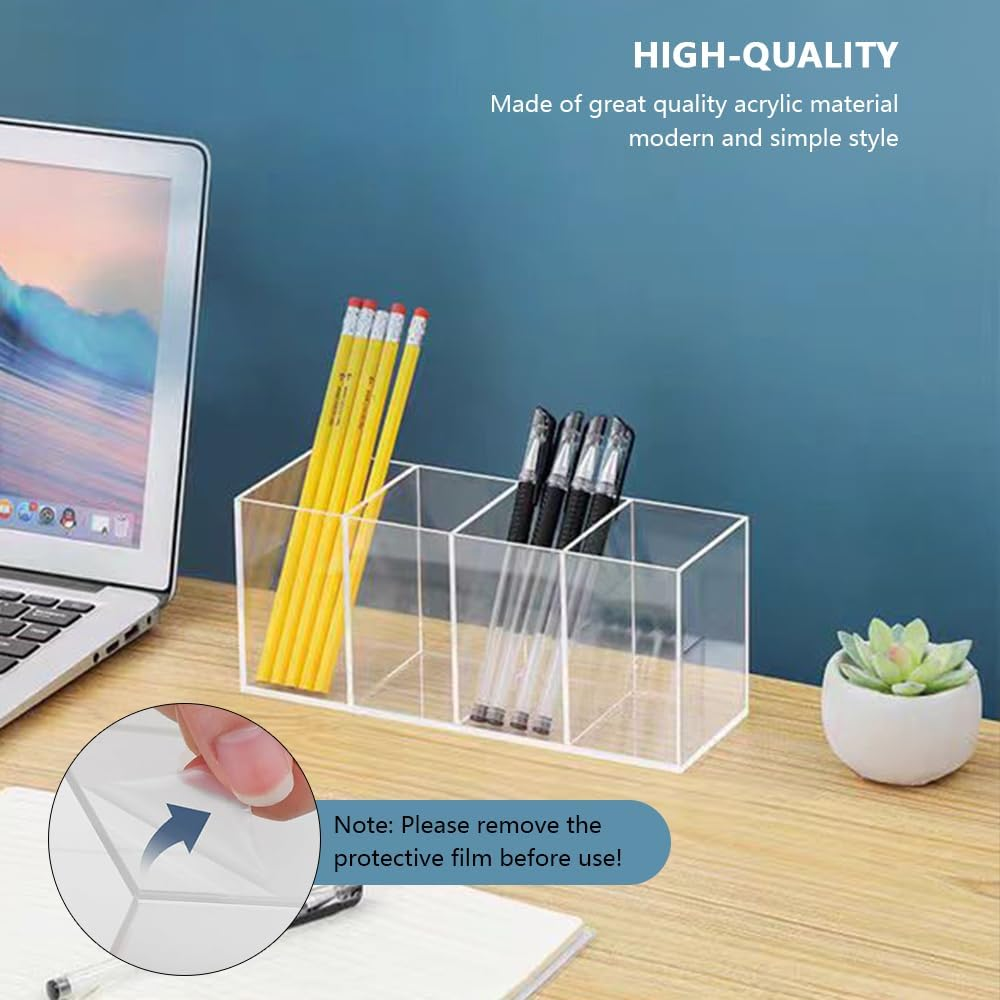 Acrylic Pen Holder with 4 Compartments &ndash; Clear Pencil & Desk Organizer for Office, Home, School