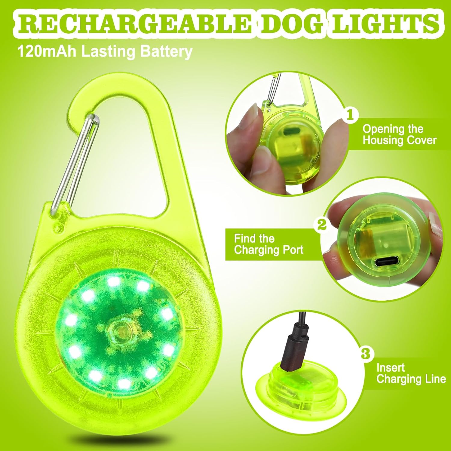 Dog Lights for Night Walking, Lp68 Waterproof USB C Rechargeable Dog Night Light, Steady & Flashing Modes, Safety for Dogs Cats Pet Runner Children Camper (Green) - Green image number 5