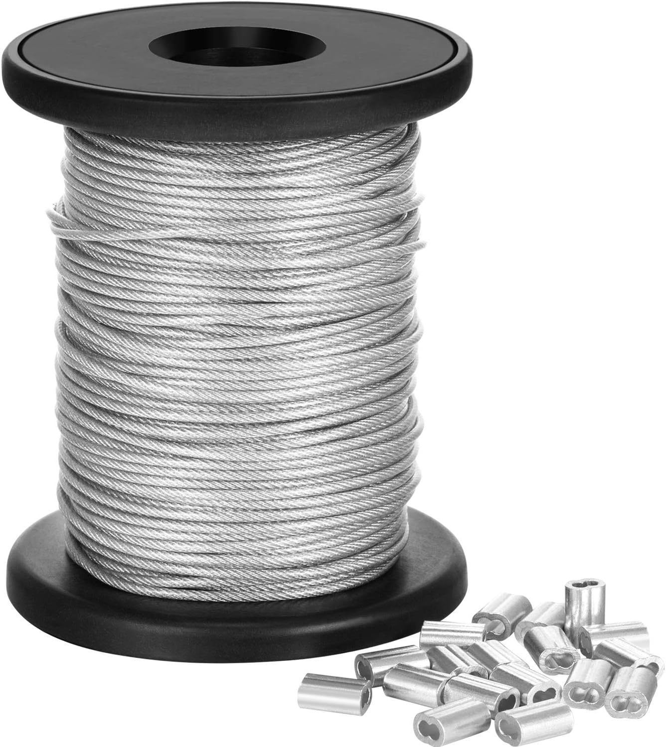 Chengu Vinyl Coated Picture Frame Hanging Wire, Stainless Steel Wire Spool with 20 Pieces Aluminum Crimping Loop Sleeve, Supports up to 110 Lbs (1.5 Mm X 164 Feet) image number 1