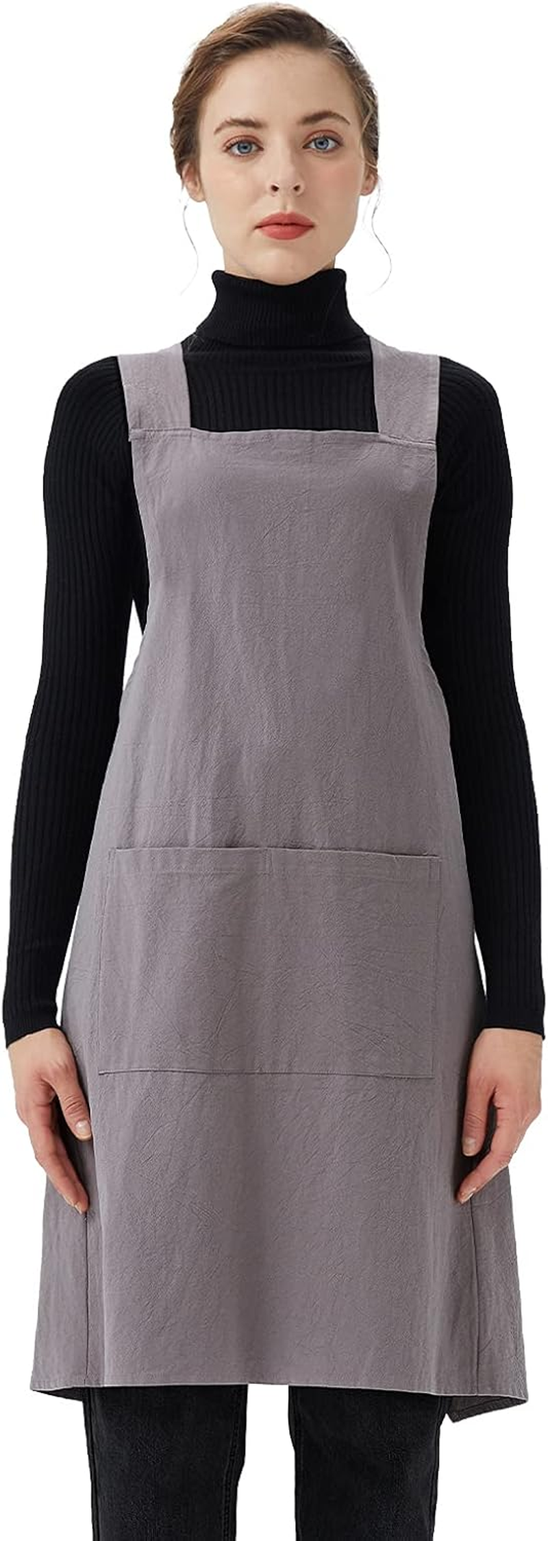 Surblue Cotton Linen Cross Back Aprons Solid Color Unisex Pinafore Vintage Apron Japanese Style with 2 Pockets for Kitchen Cooking Baking Painting Gardening Cleaning for Women Men