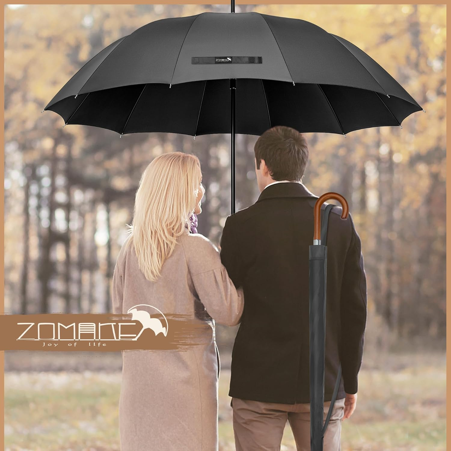 ZOMAKE Large Stick Golf Umbrella with Wood Hook Handle 12 Ribs - Automatic Open Classic Umbrellas Windproof Wooden Handle - Curved Handle Umbrella Cane, Long Umbrella with J Hook for Women Men - Black image number 2
