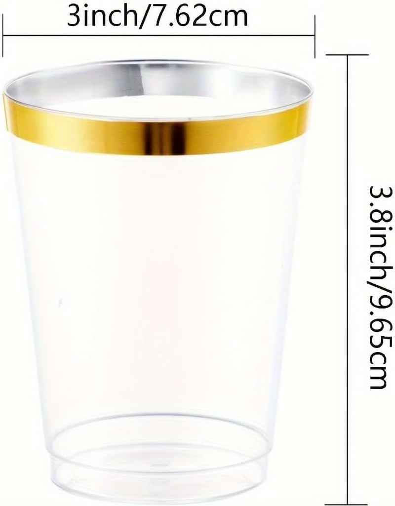 Pack of 50 10 OZ 300 Ml Reusable Plastic Cups with Gold/Silver/Rose Gold Rim Gold Glitter-Elegant Plastic Glasses for Champagne,Beer,Cocktails and Desserts-Stylish Plastic Wine Glasses (Glod) image number 4