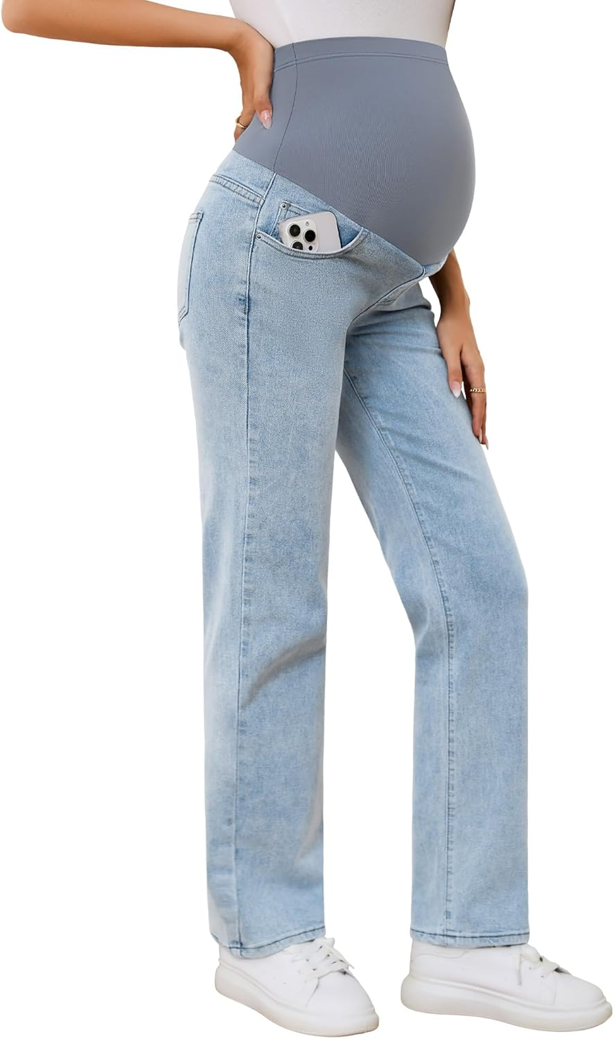 POSHGLAM Women'S Maternity Jeans over Belly Straight Leg Relaxed Fit Comfy Stretch Denim Pants